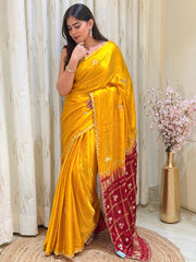 Chandrika Mustard Yellow & Maroon Pure Gaji Silk Saree