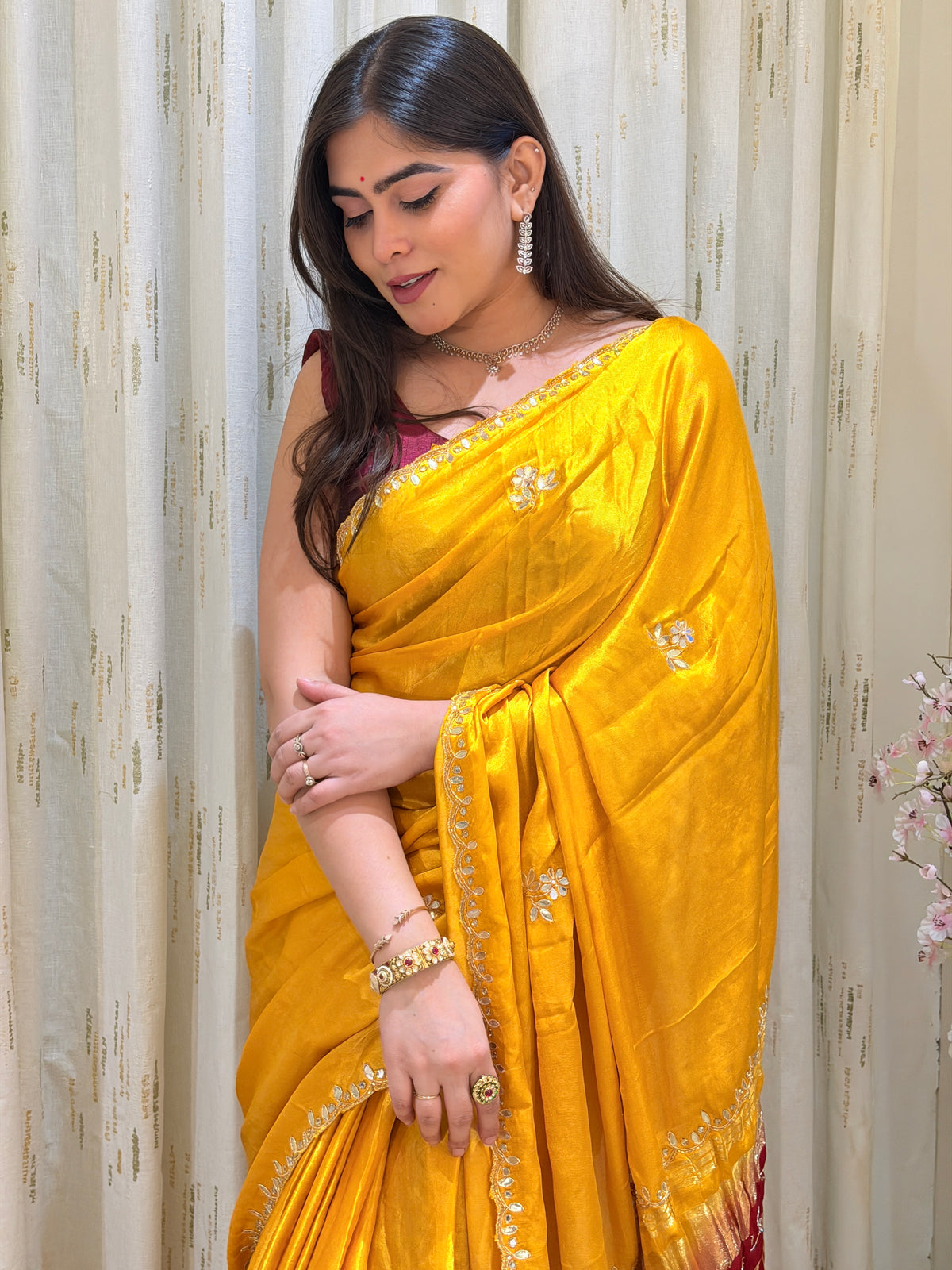 Chandrika Mustard Yellow & Maroon Pure Gaji Silk Saree