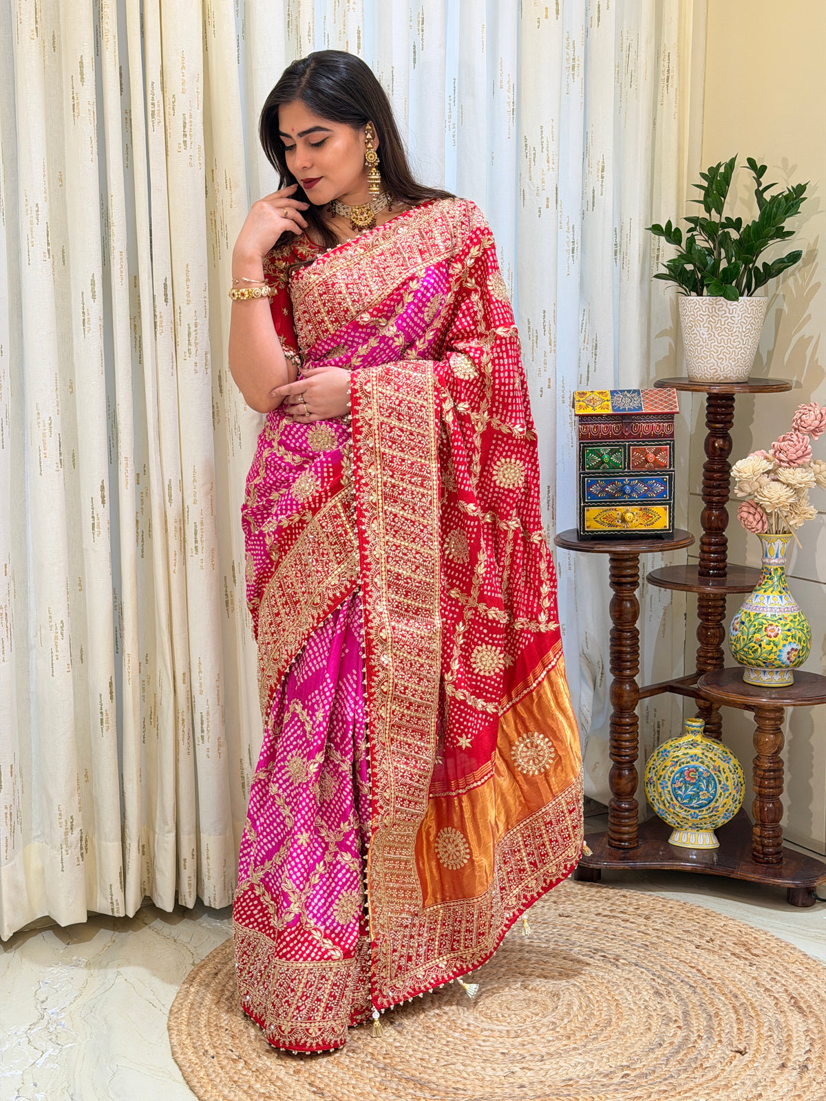 Nishtha Red Pink Bandhani Gajji Silk Saree