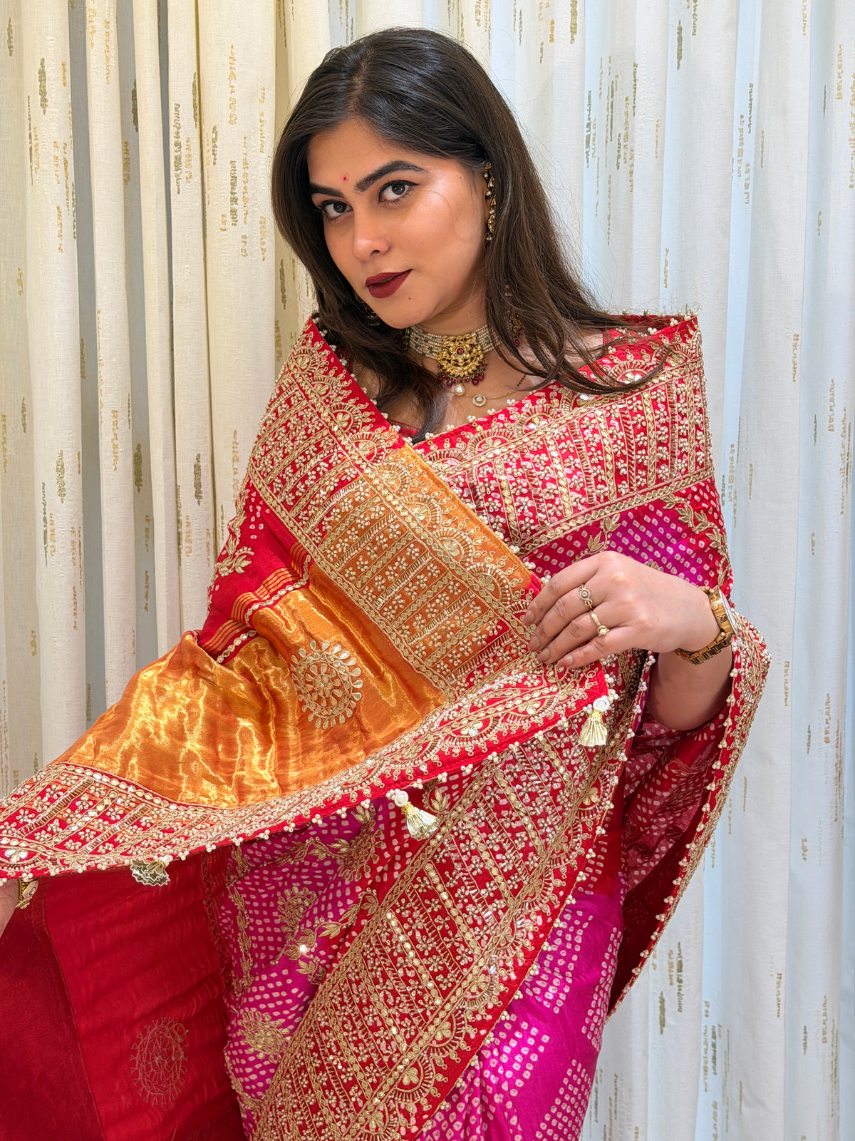 Nishtha Red Pink Bandhani Gajji Silk Saree