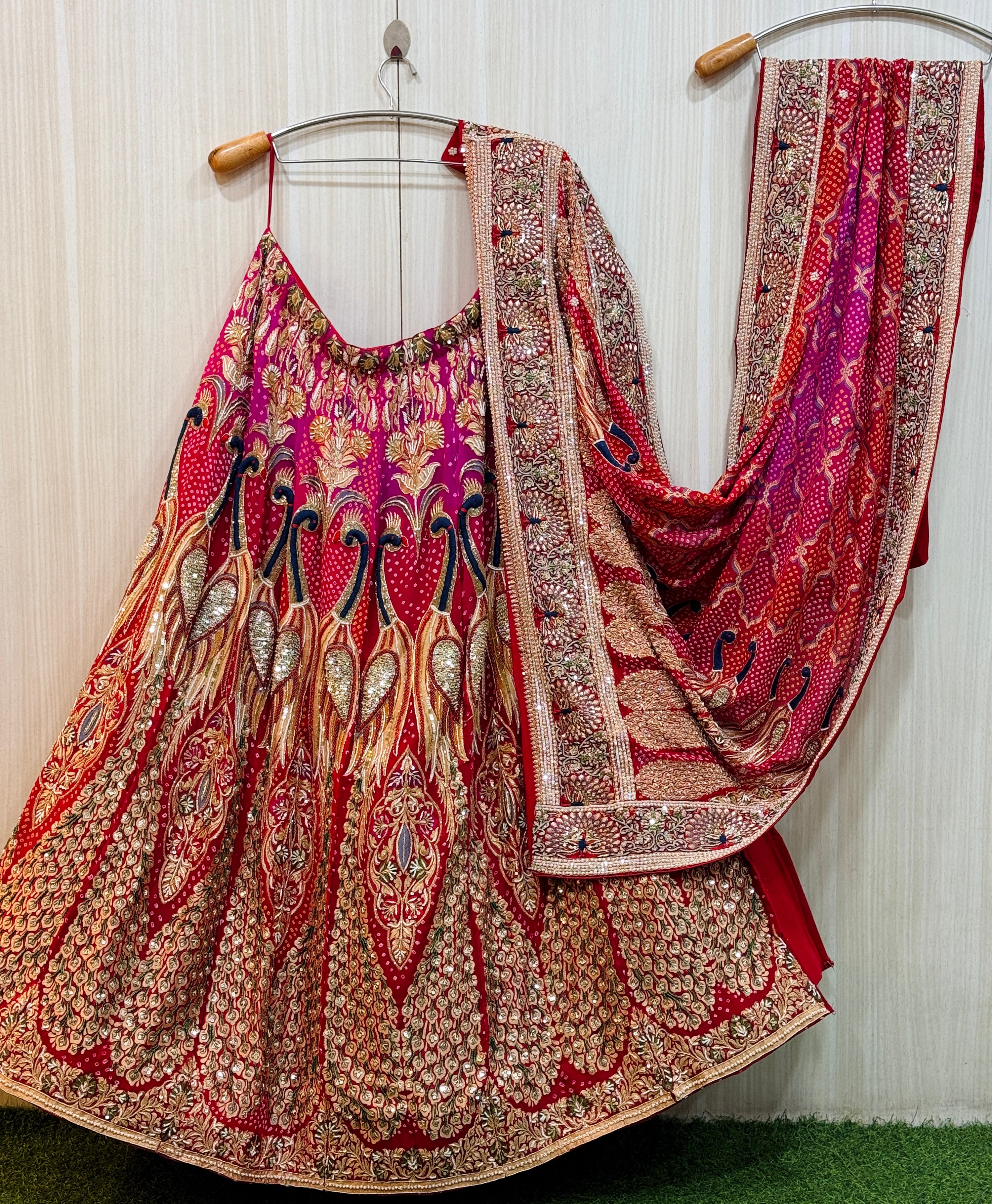 Rajkumari Red Khadi Georgette Zardozi Bridal Lehenga