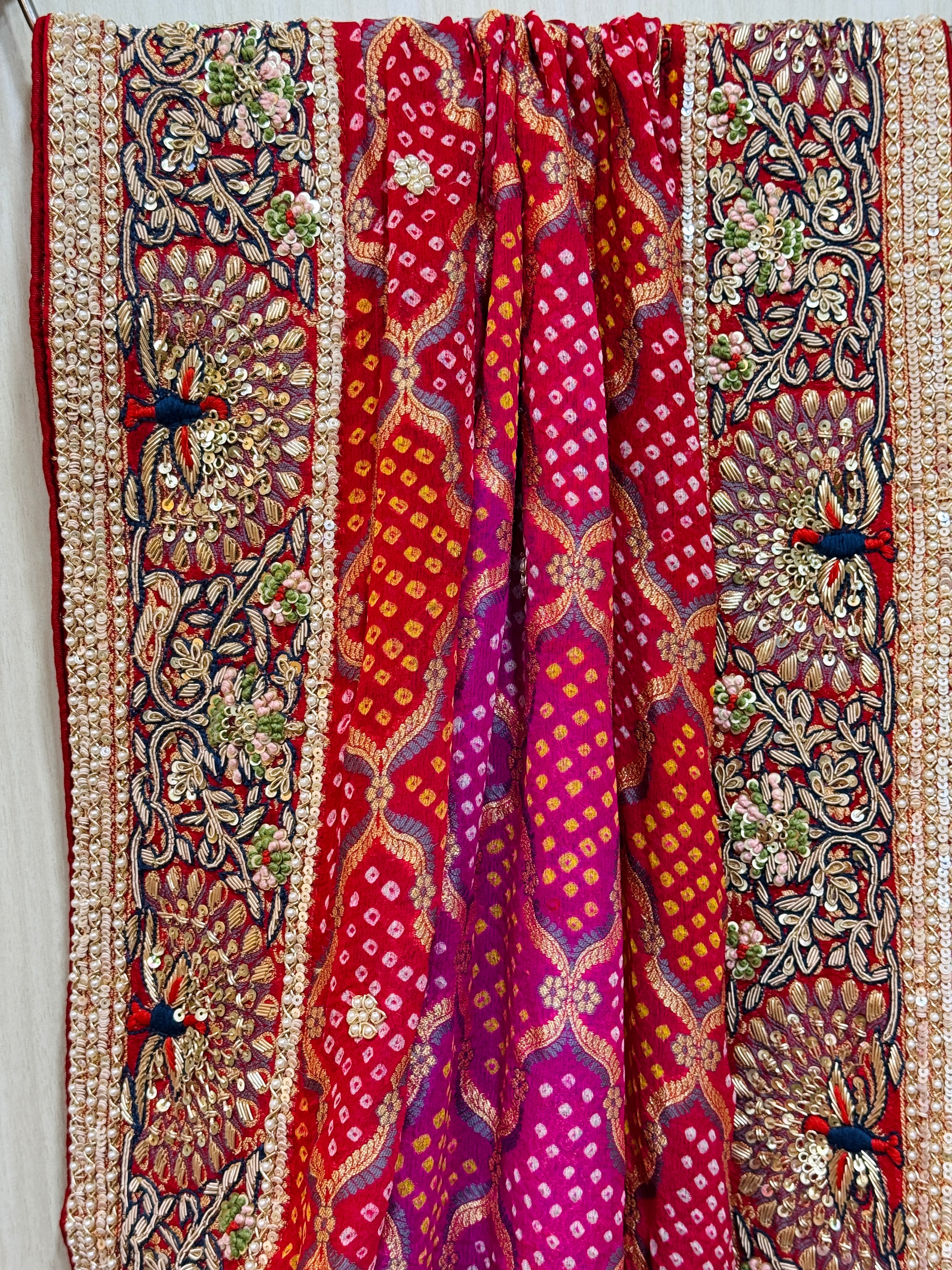 Rajkumari Red Khadi Georgette Zardozi Bridal Lehenga