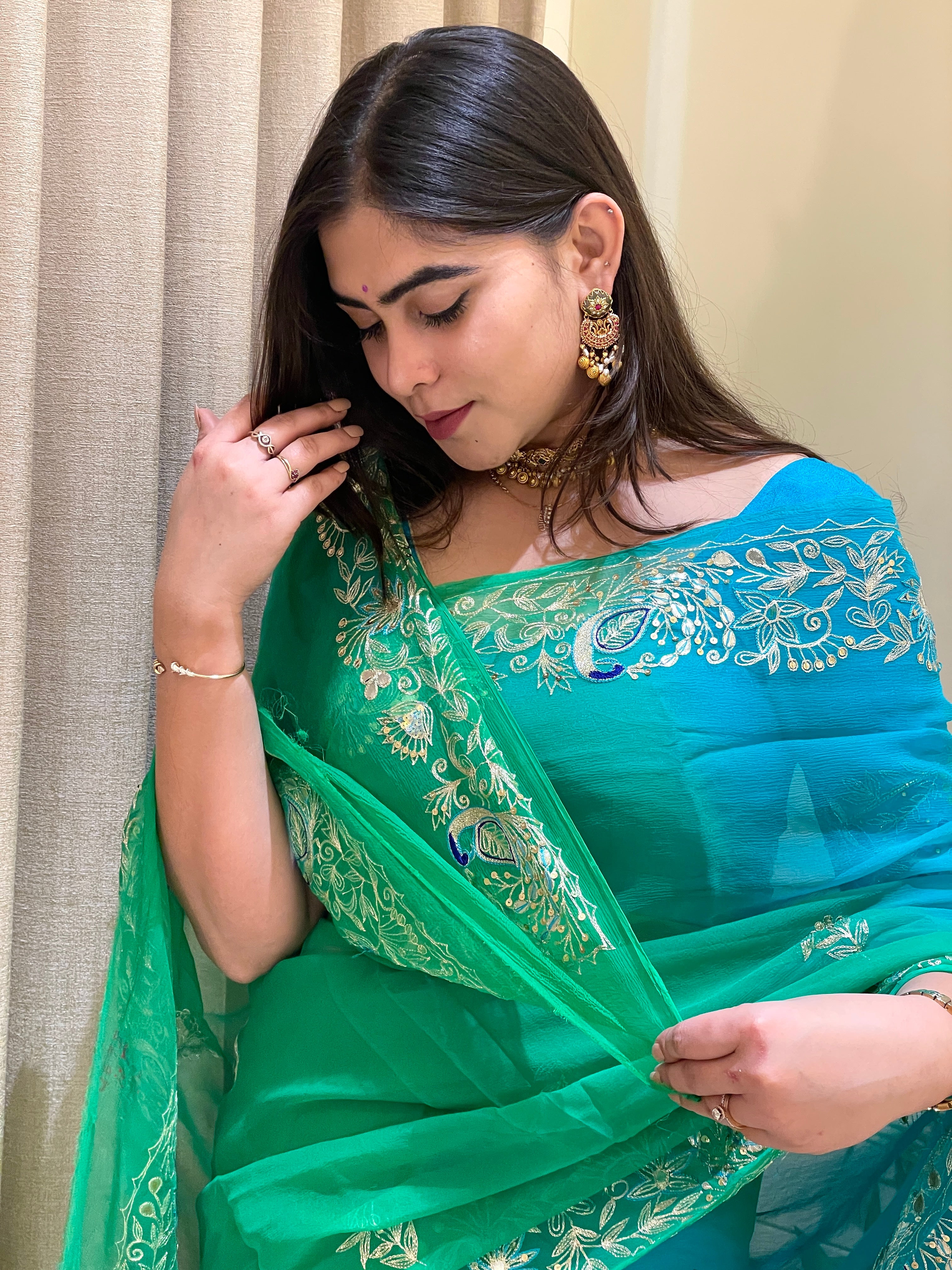 Aarvi Chiffon Breeze Aqua Green Saree