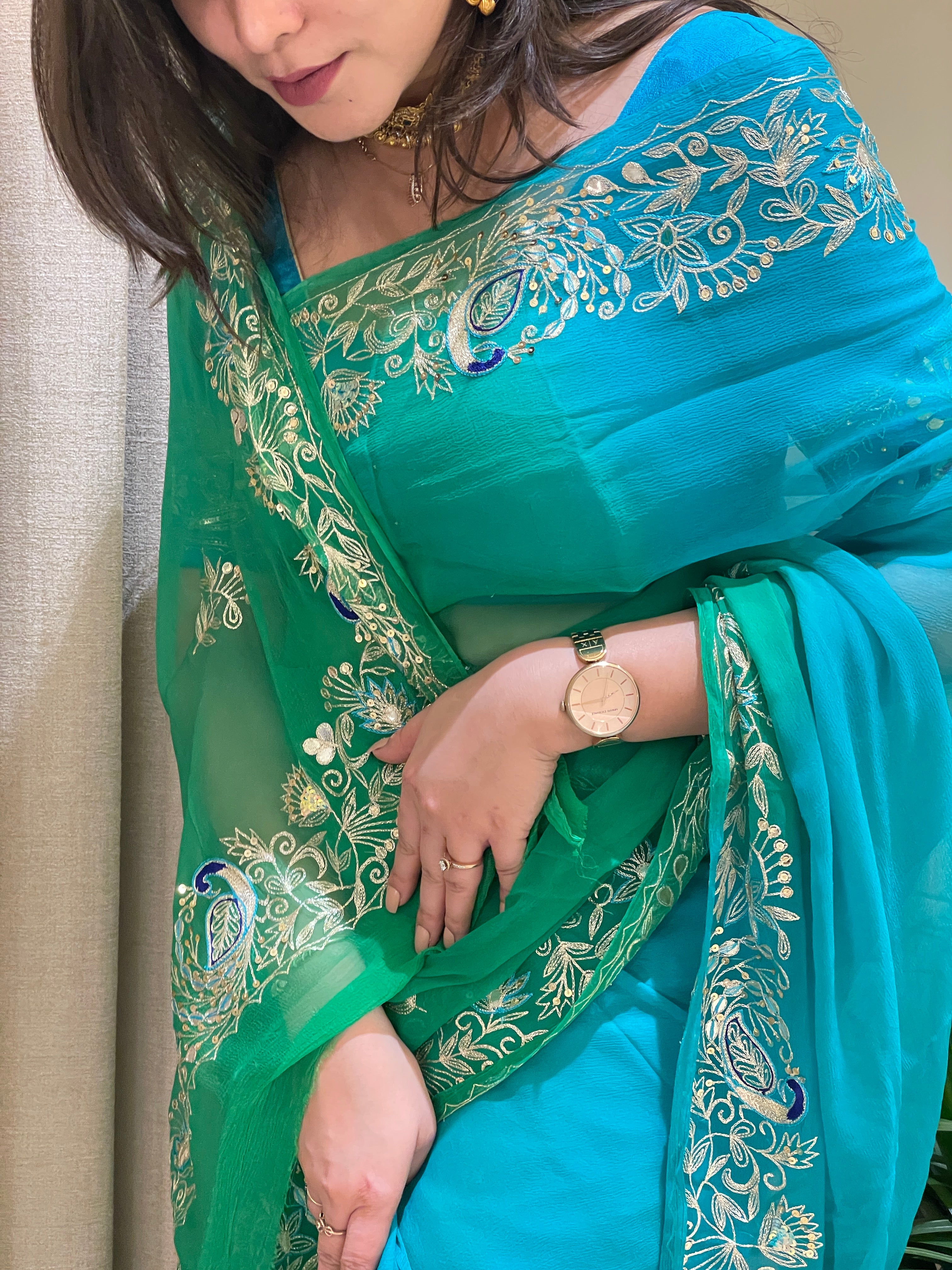Aarvi Chiffon Breeze Aqua Green Saree