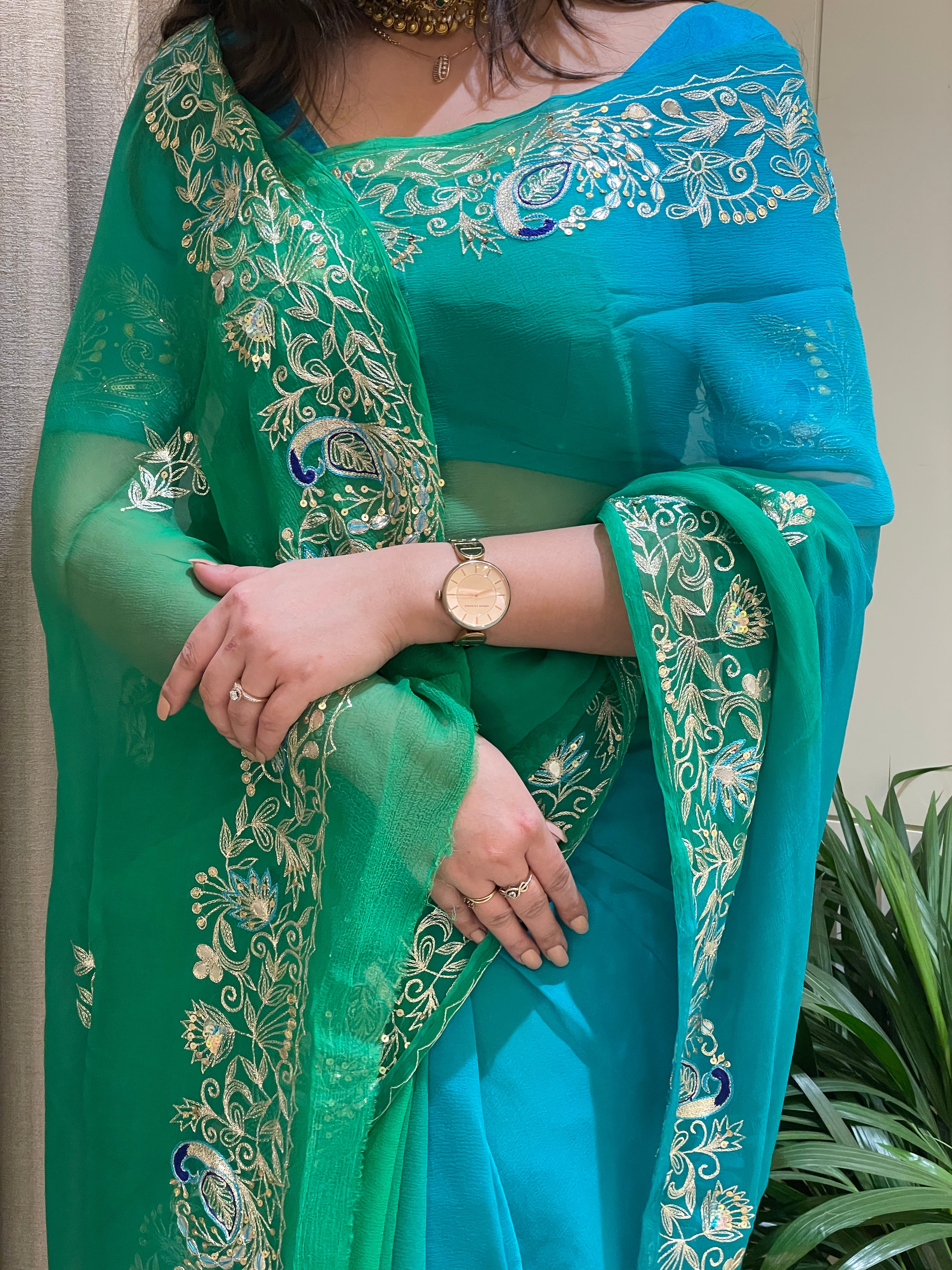 Aarvi Chiffon Breeze Aqua Green Saree