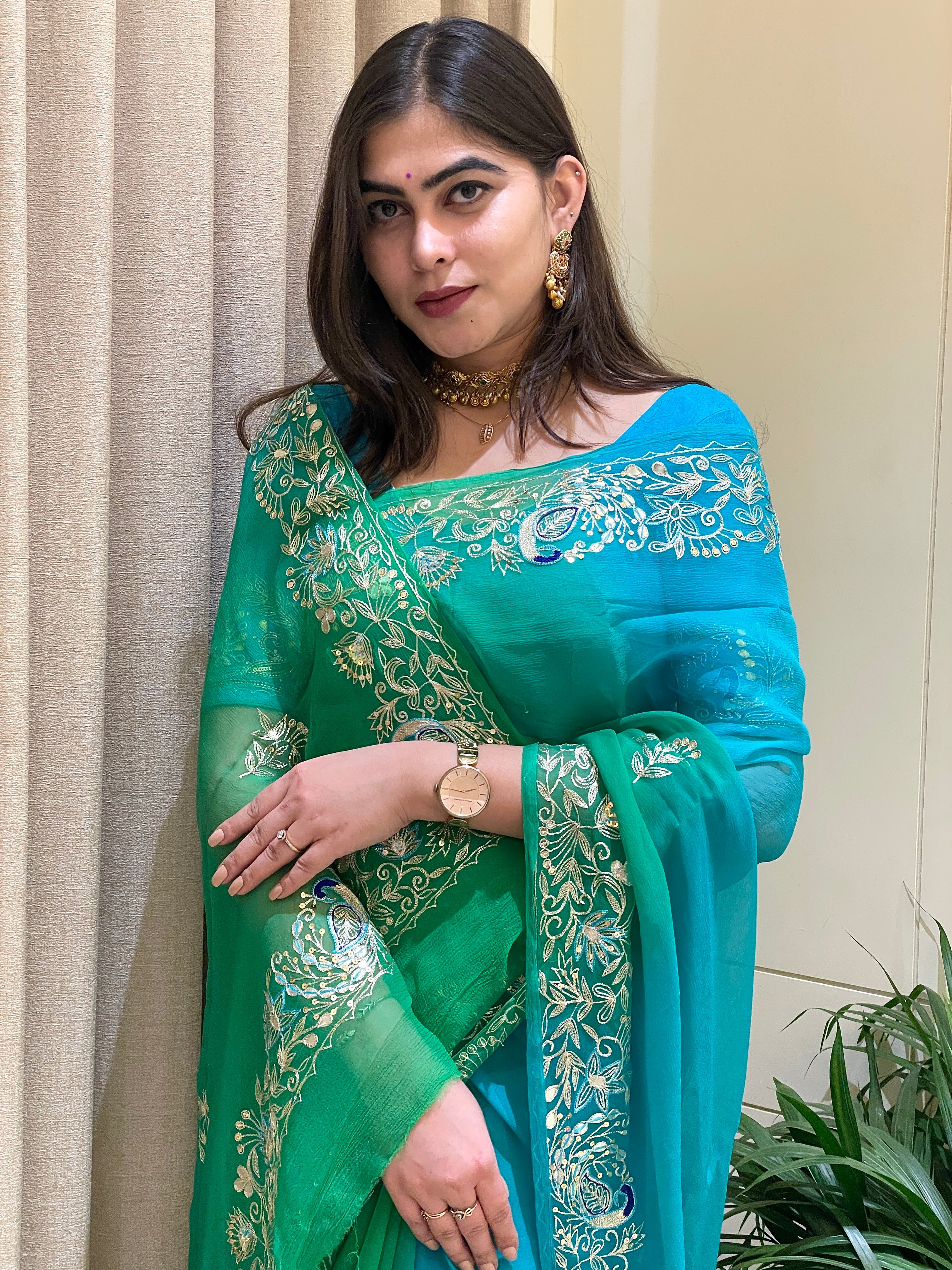 Aarvi Chiffon Breeze Aqua Green Saree