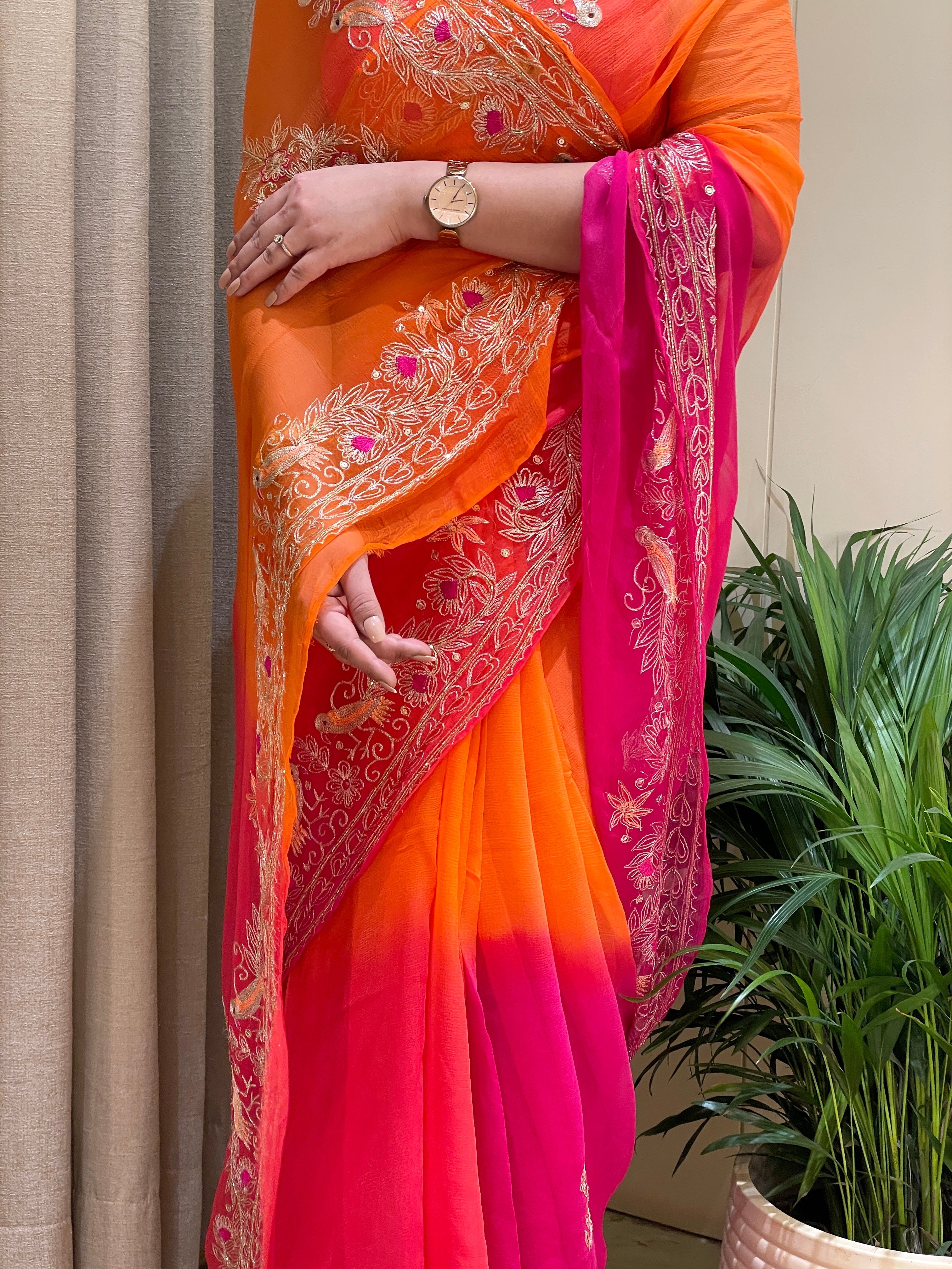 Riya Chiffon Glow Orange Pink Dual Shade Saree