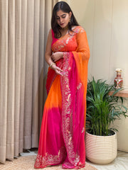 Riya Chiffon Glow Orange Pink Dual Shade Saree