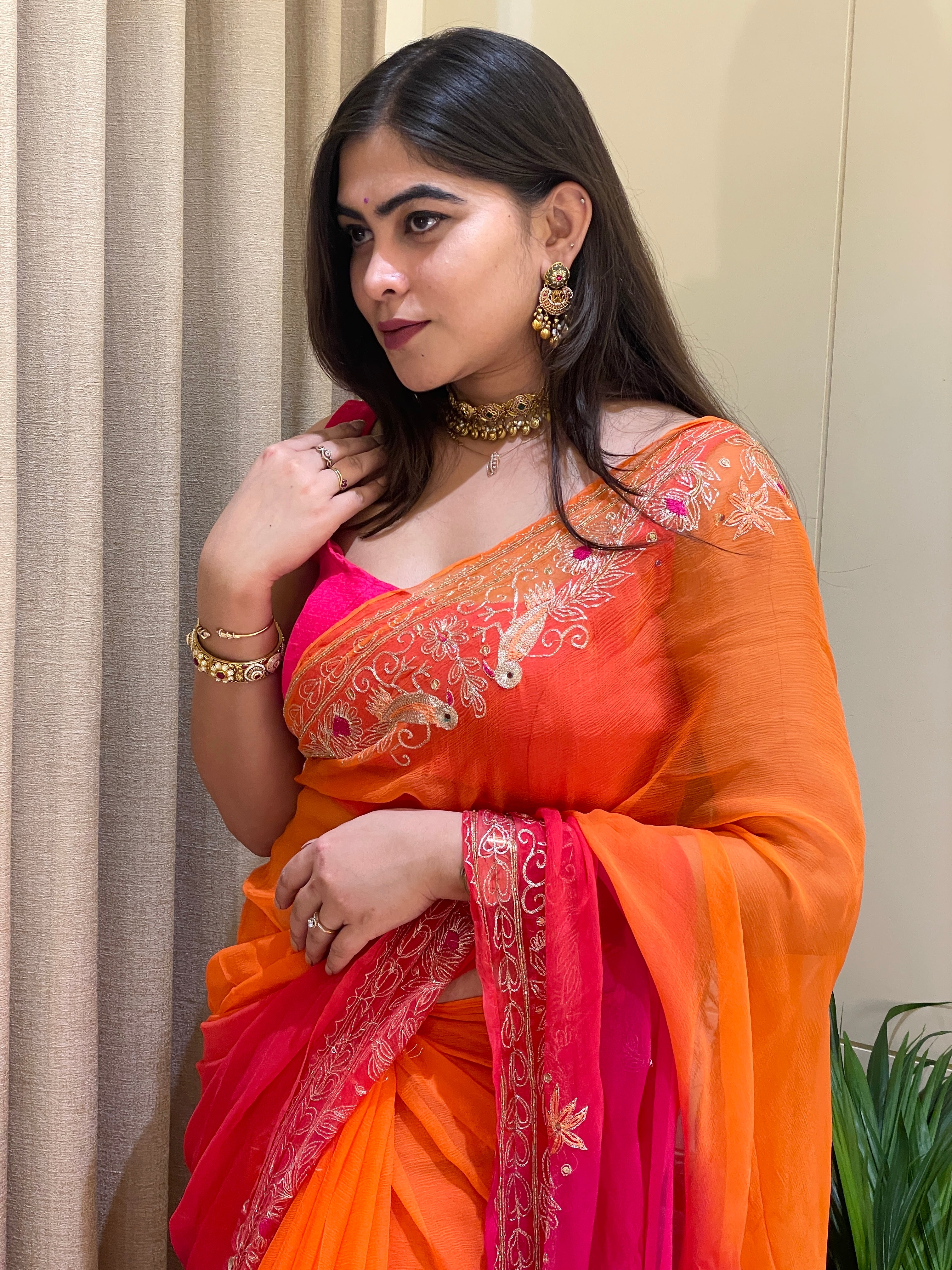 Riya Chiffon Glow Orange Pink Dual Shade Saree