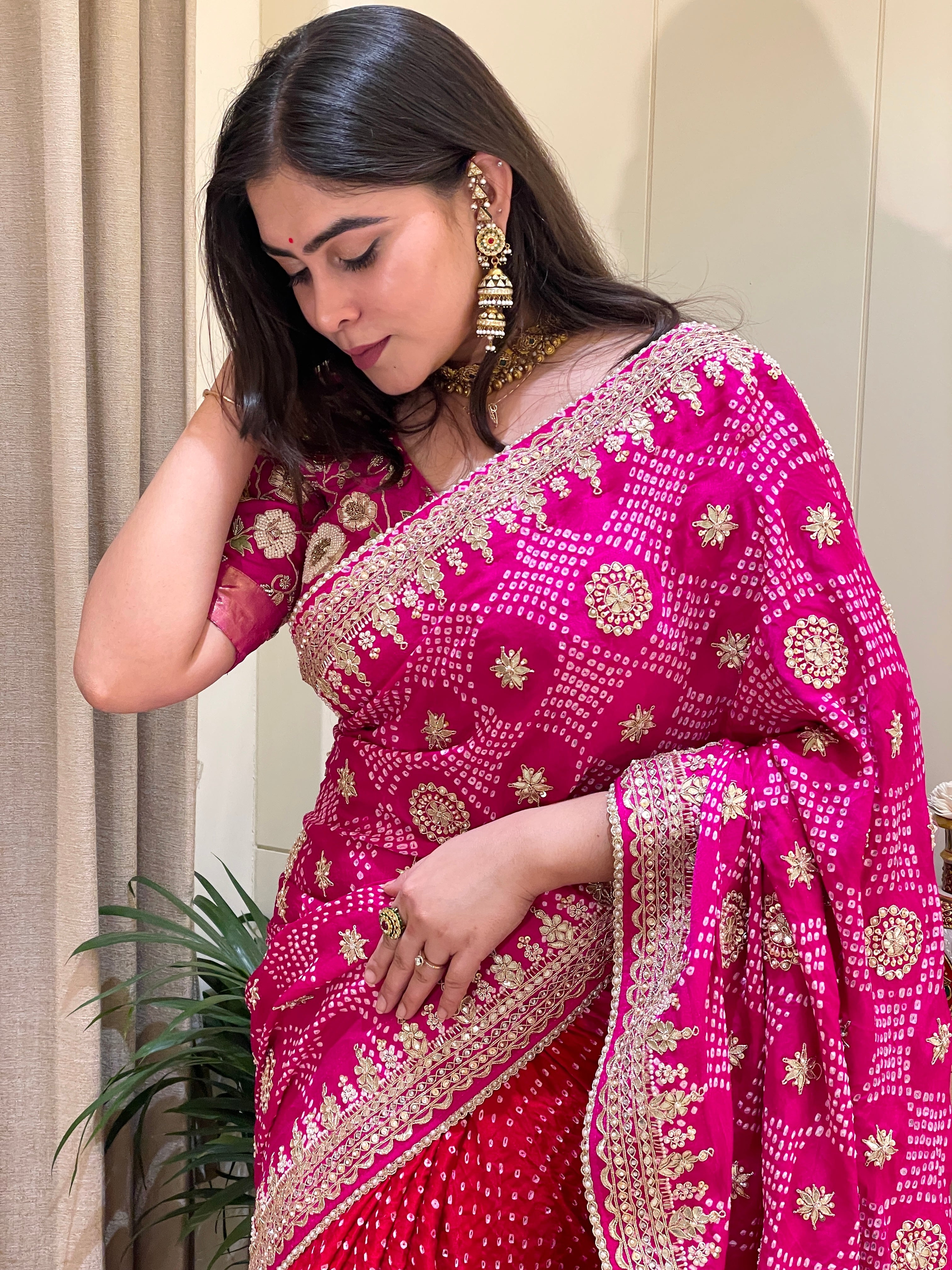 Kashvi Bandhej Royal Pink Embroidered Saree