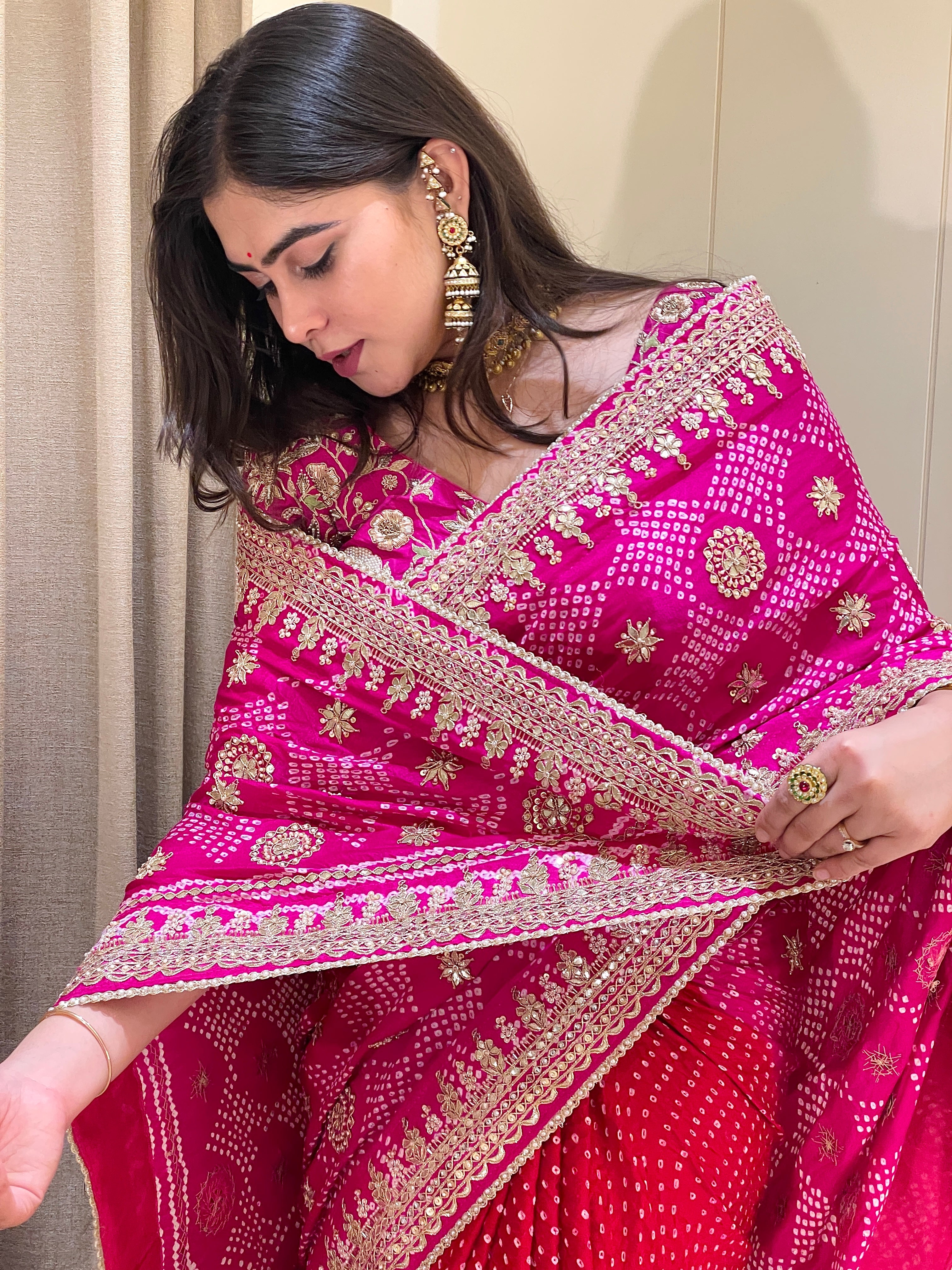 Kashvi Bandhej Royal Pink Embroidered Saree