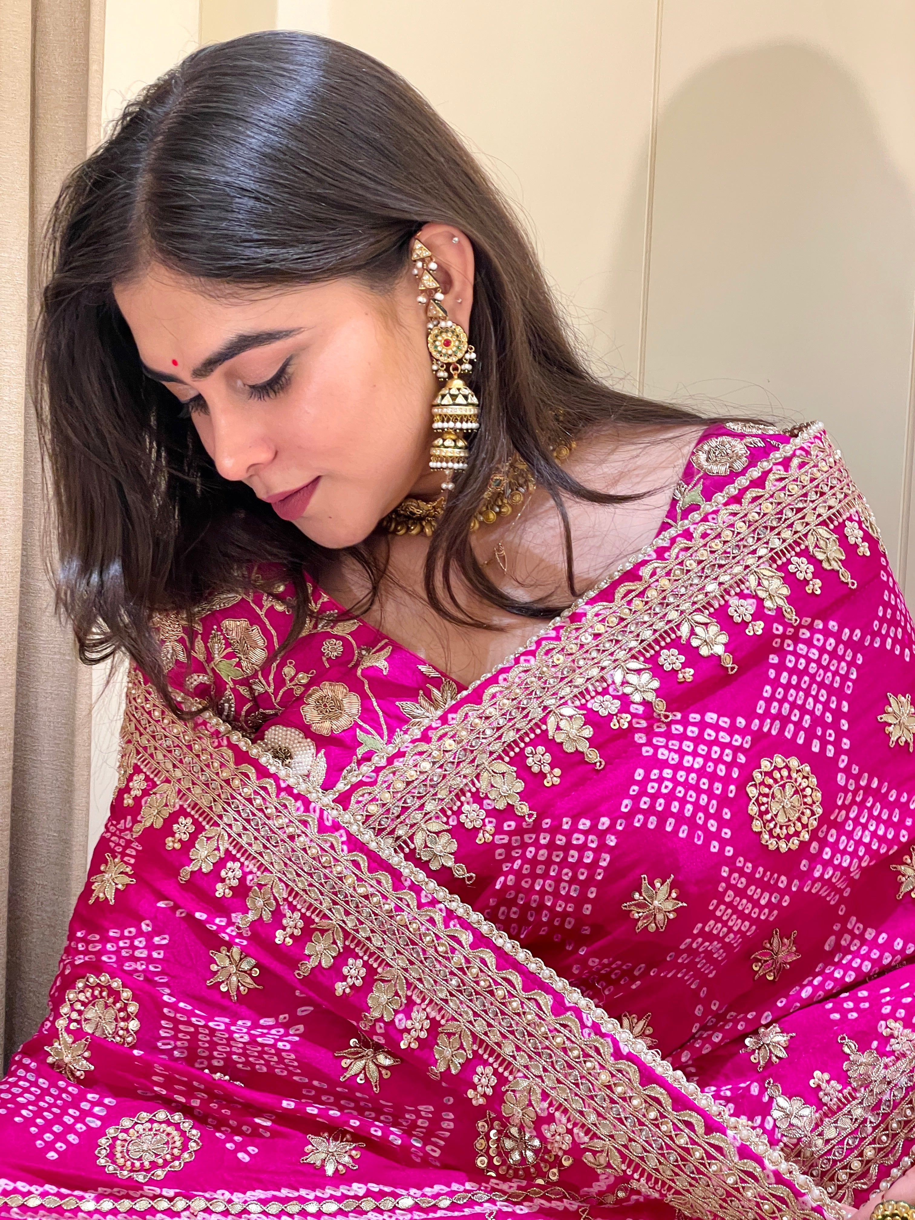 Kashvi Bandhej Royal Pink Embroidered Saree