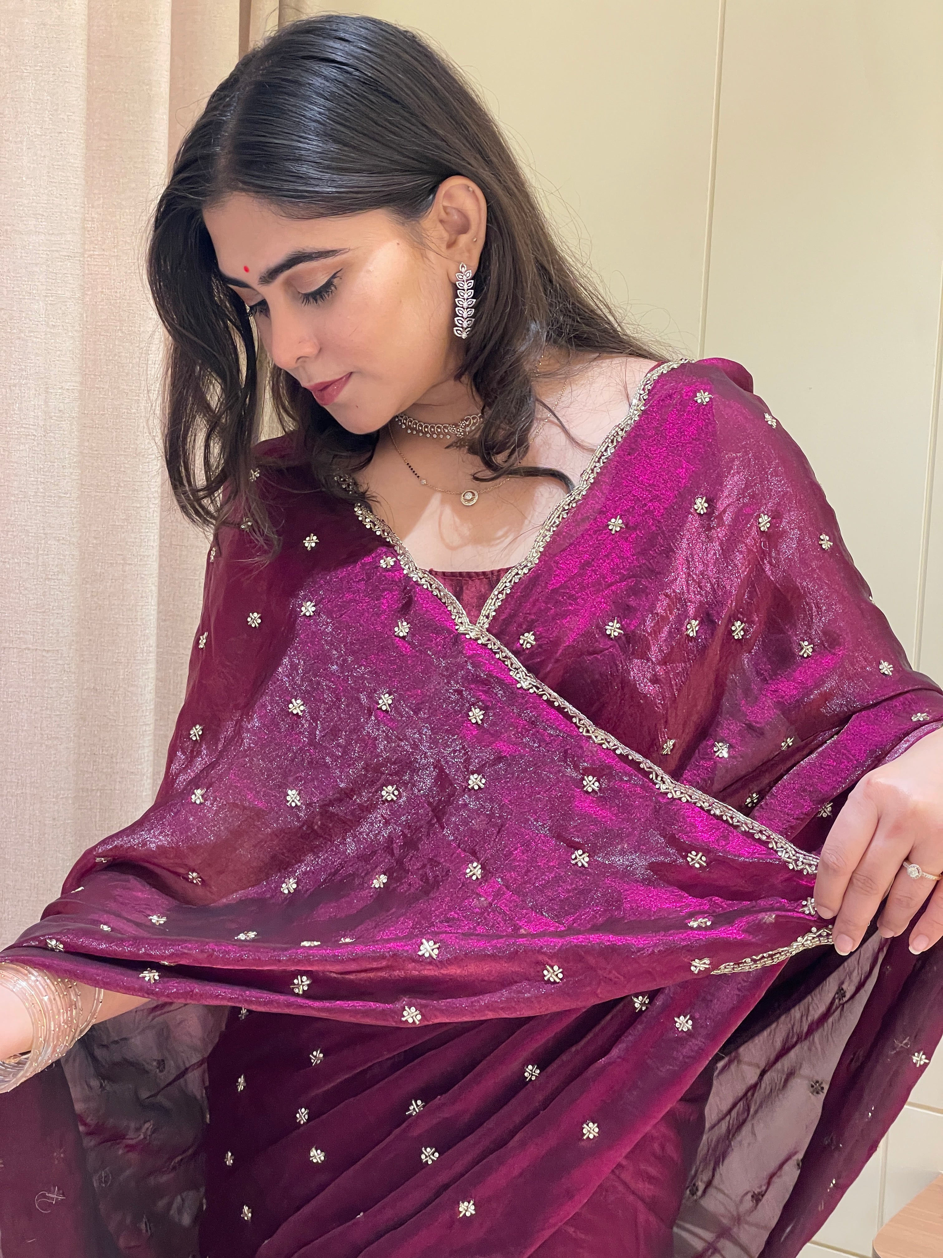 Nayra Tissue Silk Wine Kardana & Stone Handwork Saree