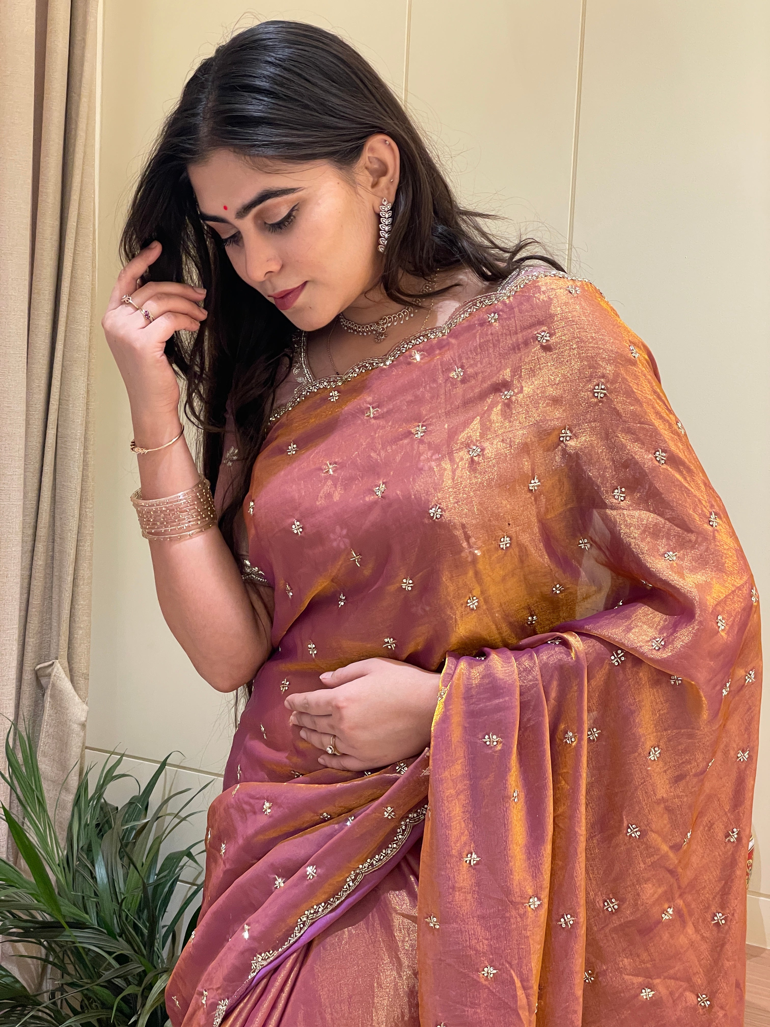 Samaira Tissue Silk Copper Rose Kardana Handwork Saree