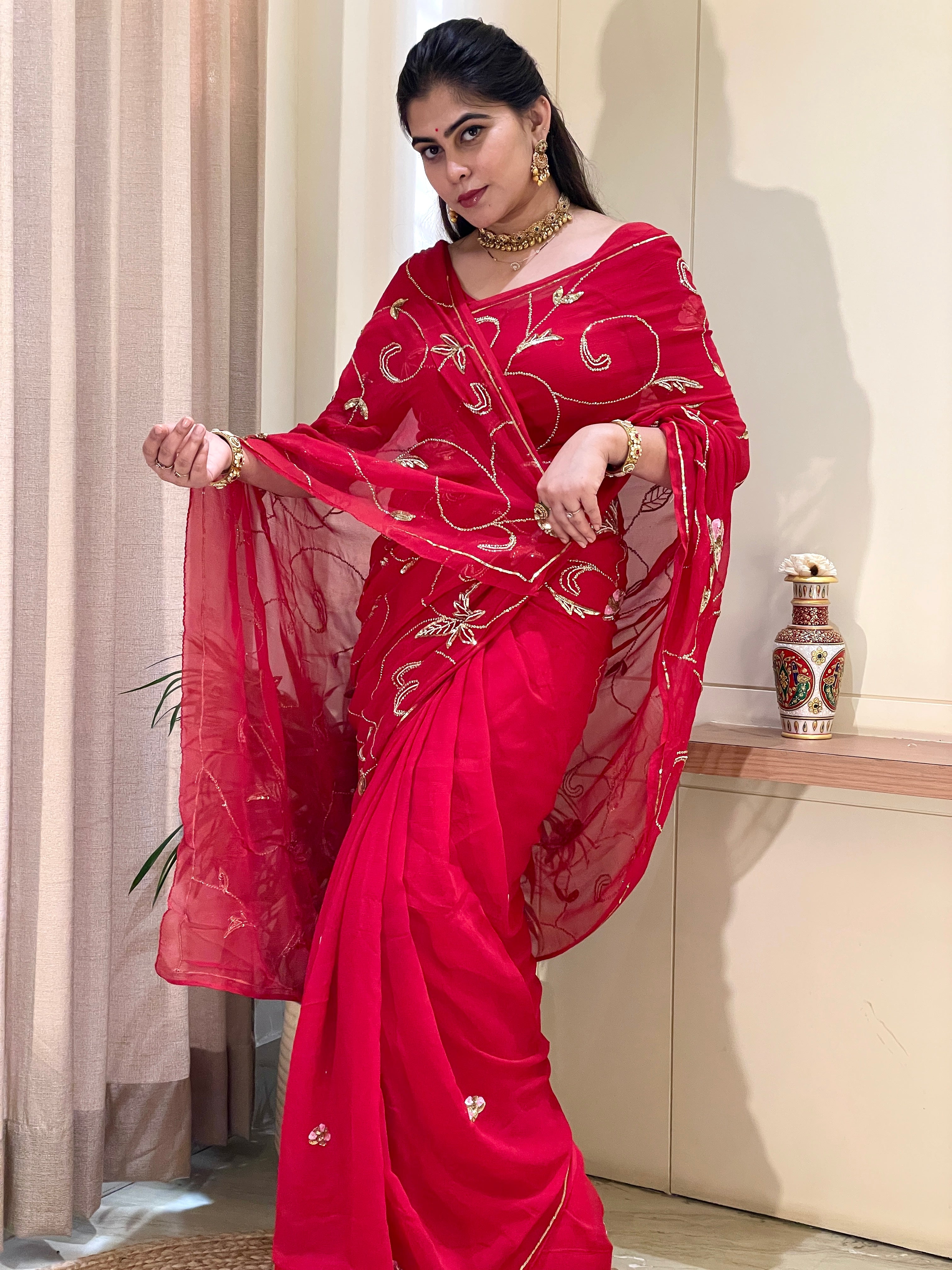 Ridhima Chiffon  Red Aari Taari Handwork Saree