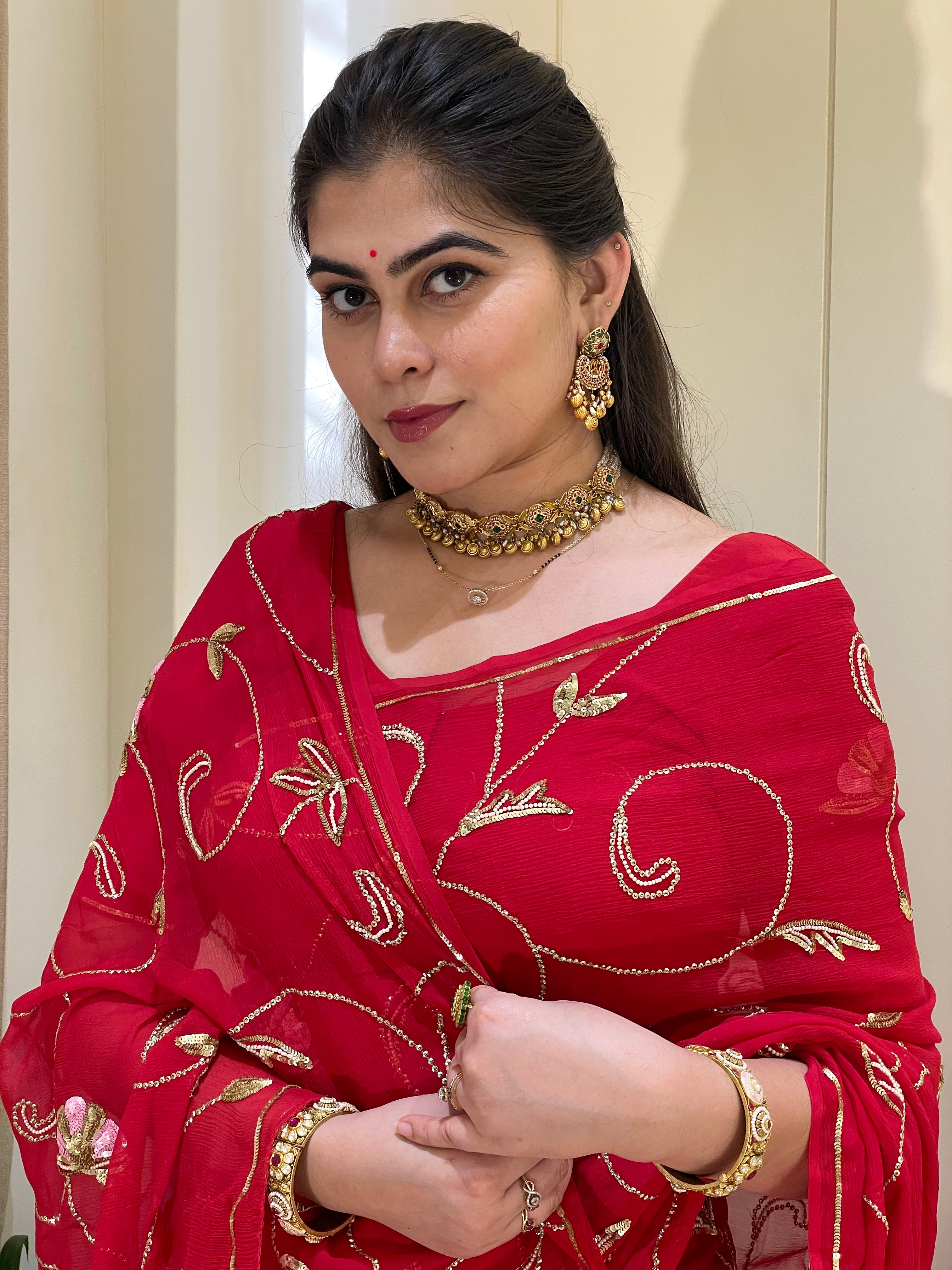 Ridhima Chiffon  Red Aari Taari Handwork Saree