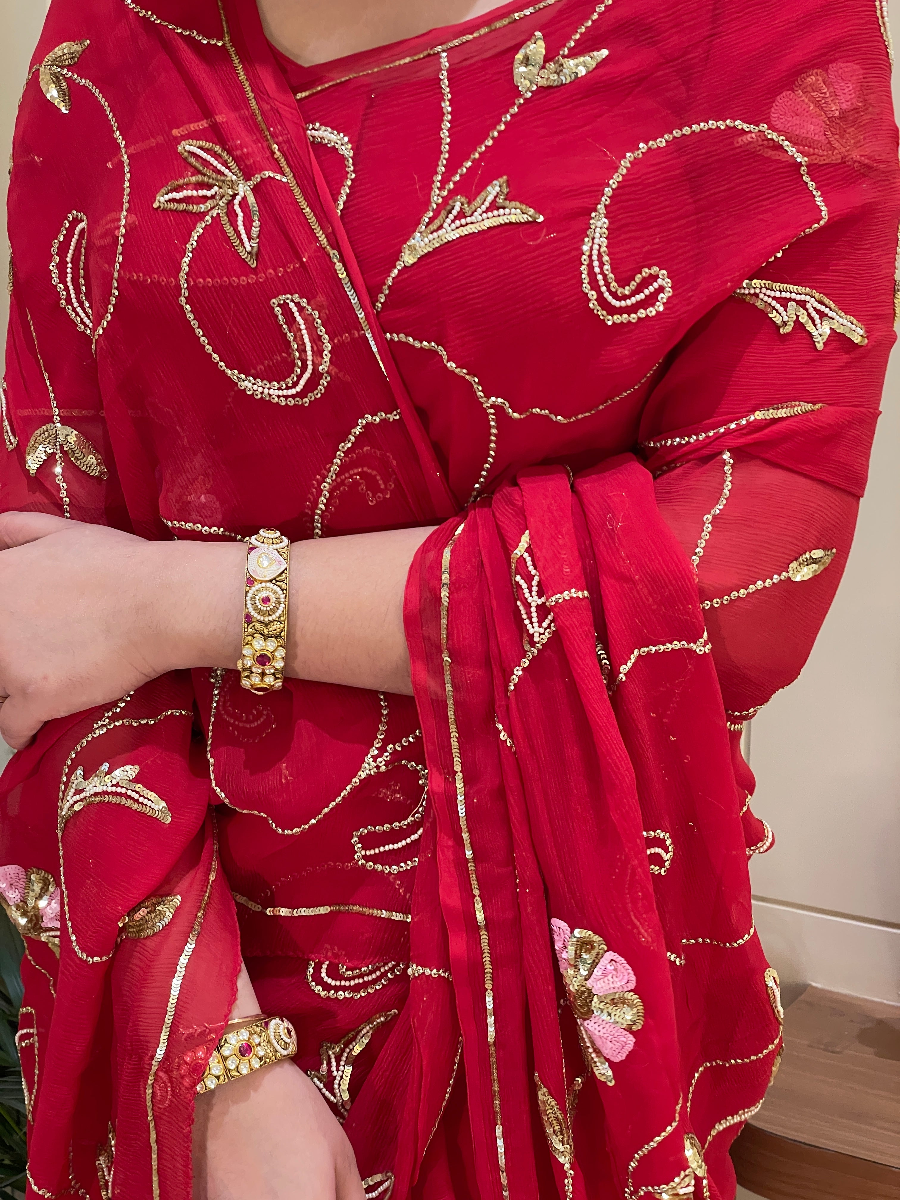 Ridhima Chiffon  Red Aari Taari Handwork Saree