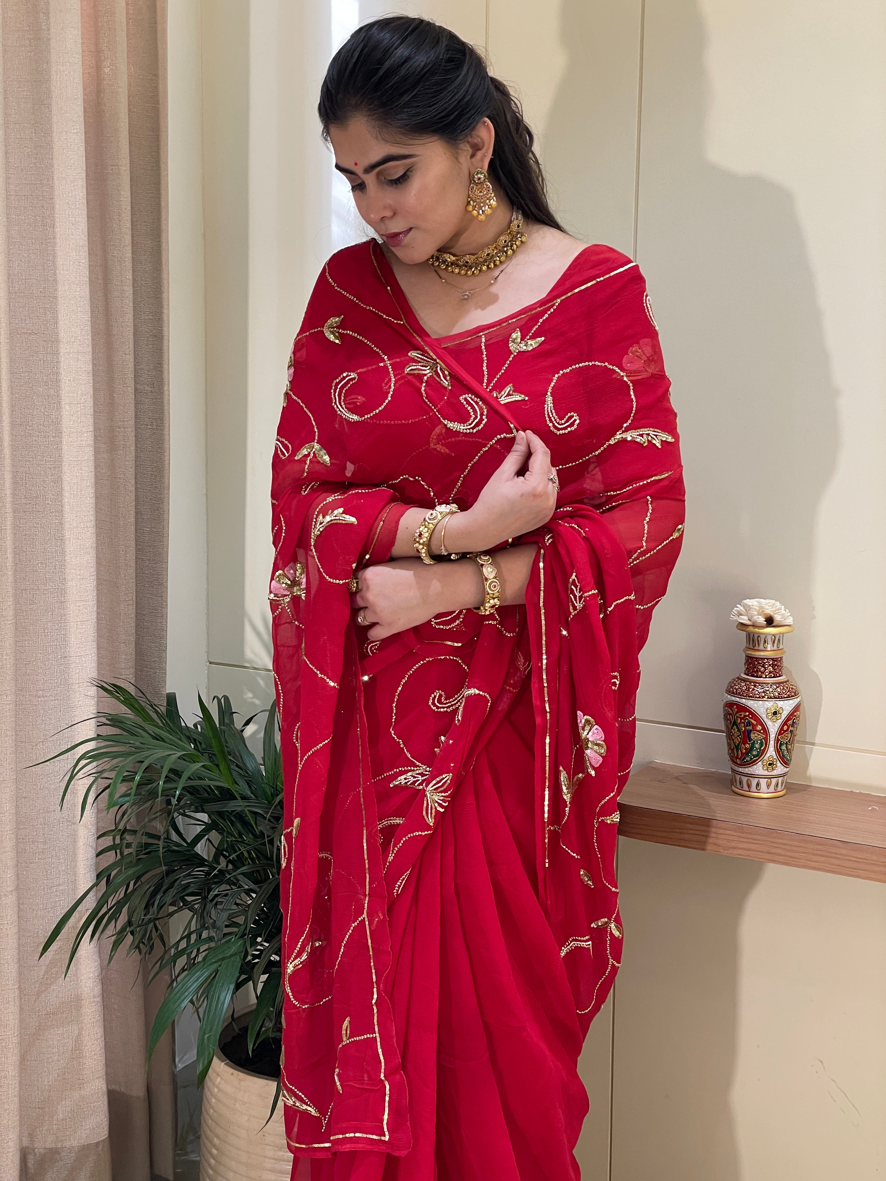 Ridhima Chiffon  Red Aari Taari Handwork Saree