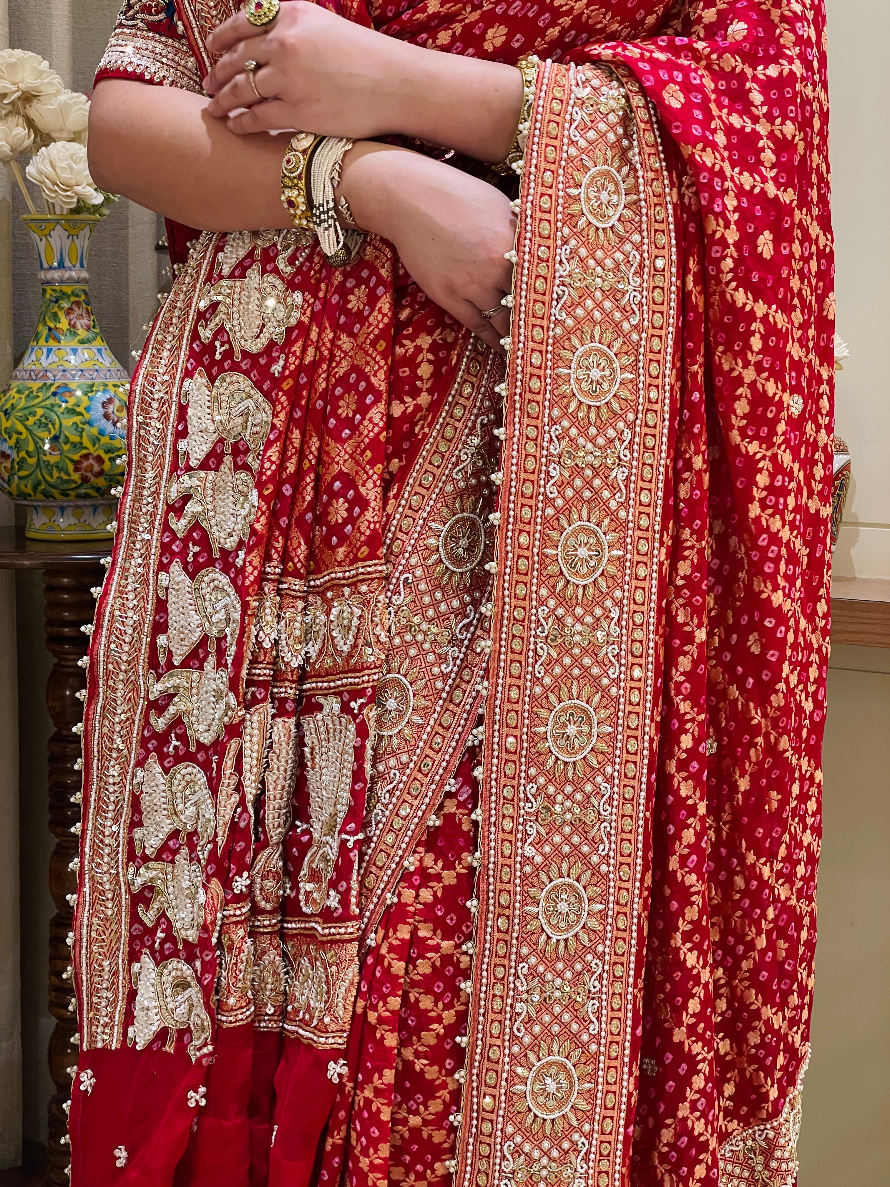 Kesaribai Red Khadi Georgette Bridal Saree