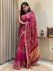Maisha Red Pink Bandhani Saree