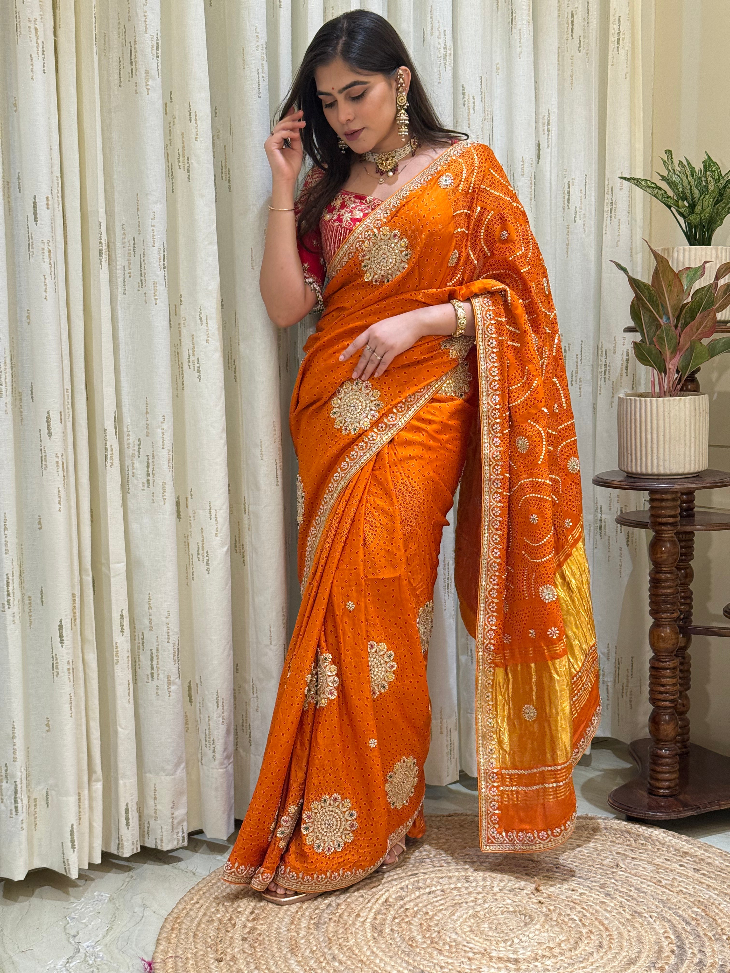 Amisha Haldi Orange Bandhani Saree