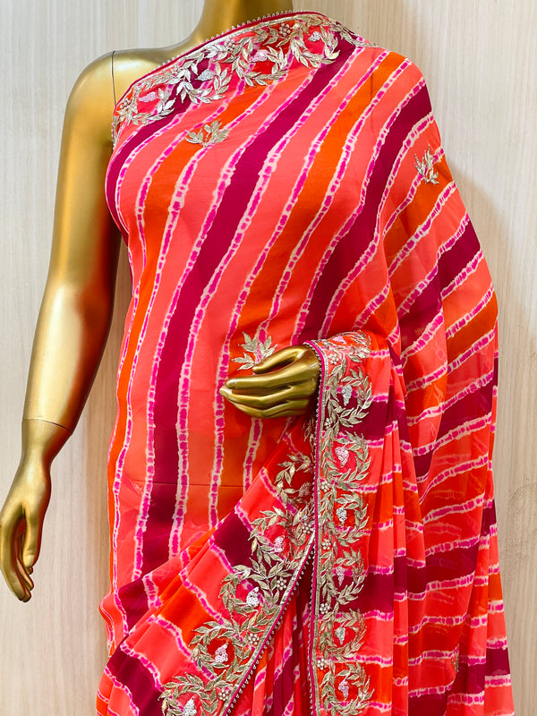 DELIVERY IN 30 DAYS) MULTI COLOR LEHERIYA GEORGETTE SAREE WITH HAND E –  Kothari Sons