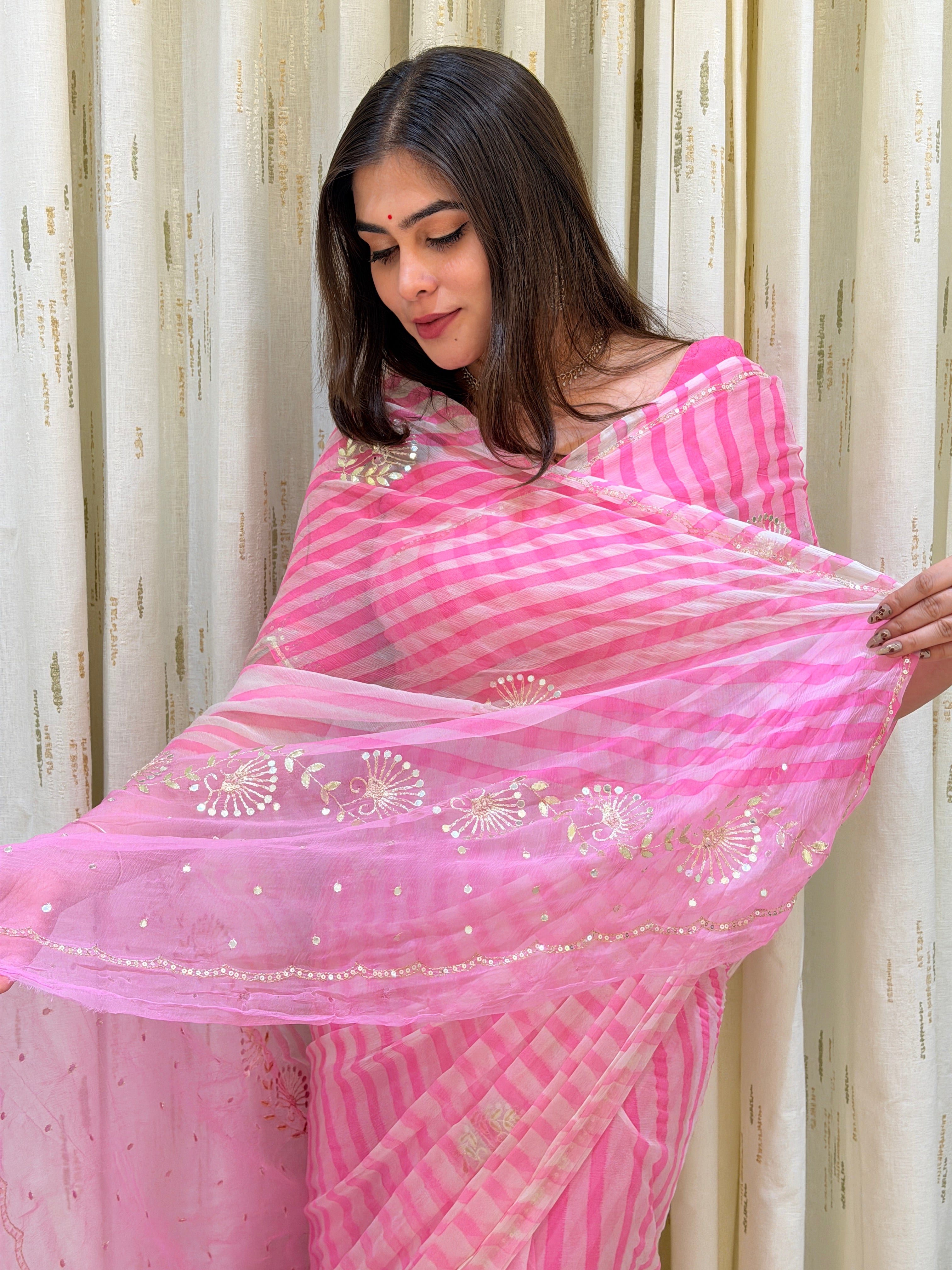 Misha Pastel Pink Leheriya Chiffon Saree