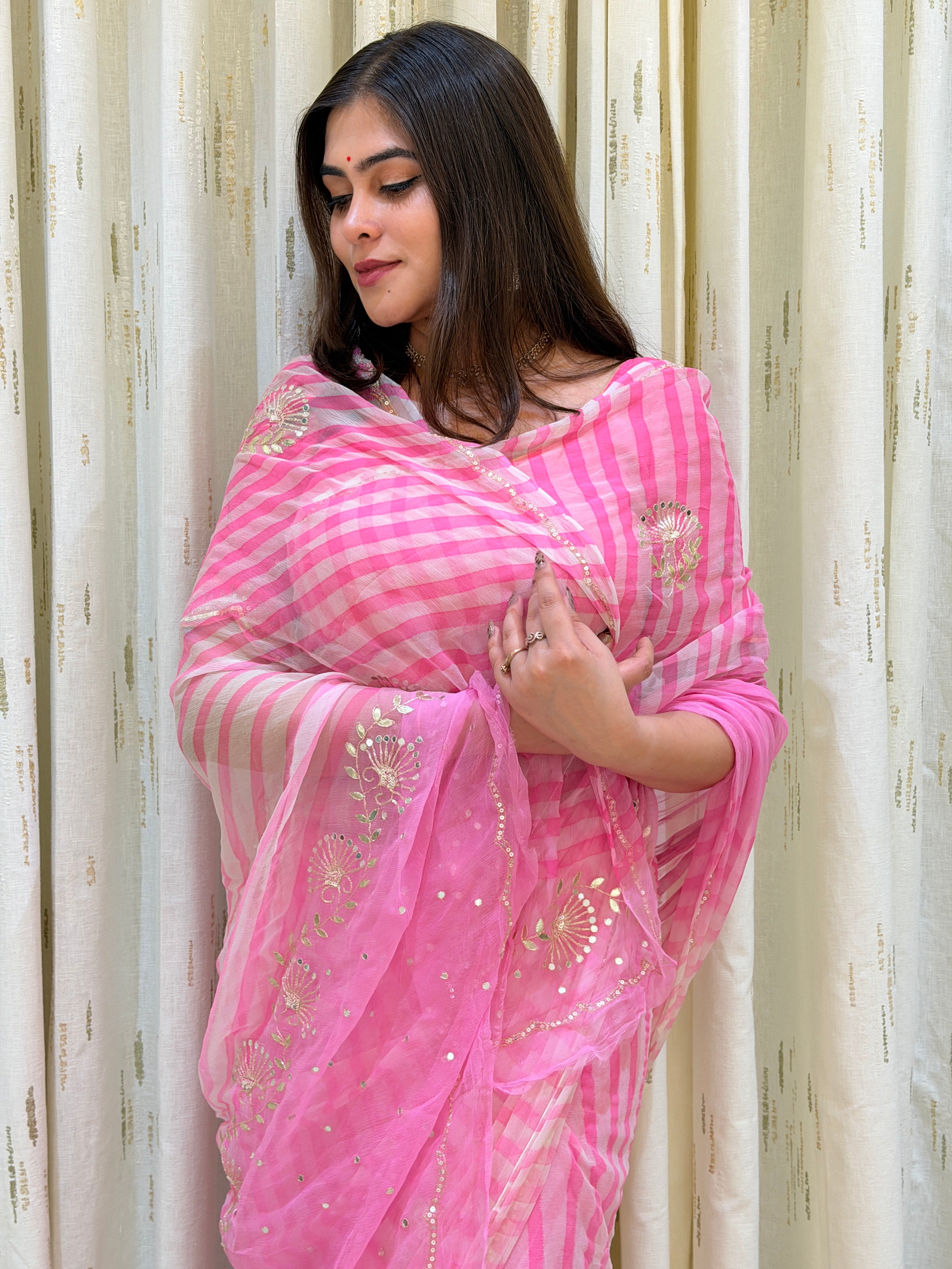 Misha Pastel Pink Leheriya Chiffon Saree