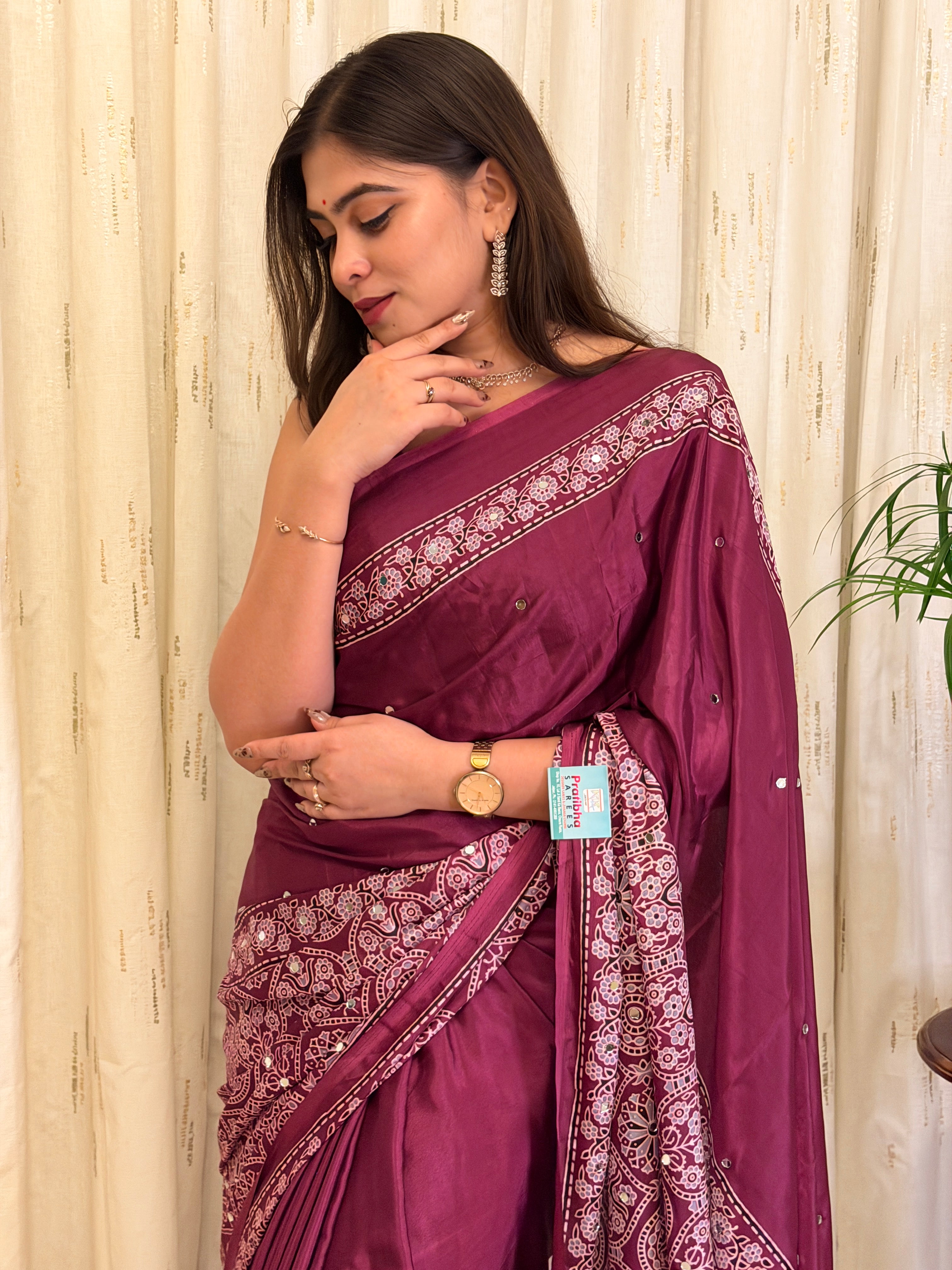 Ishani Plum Ajrakh With Mirror Work Saree