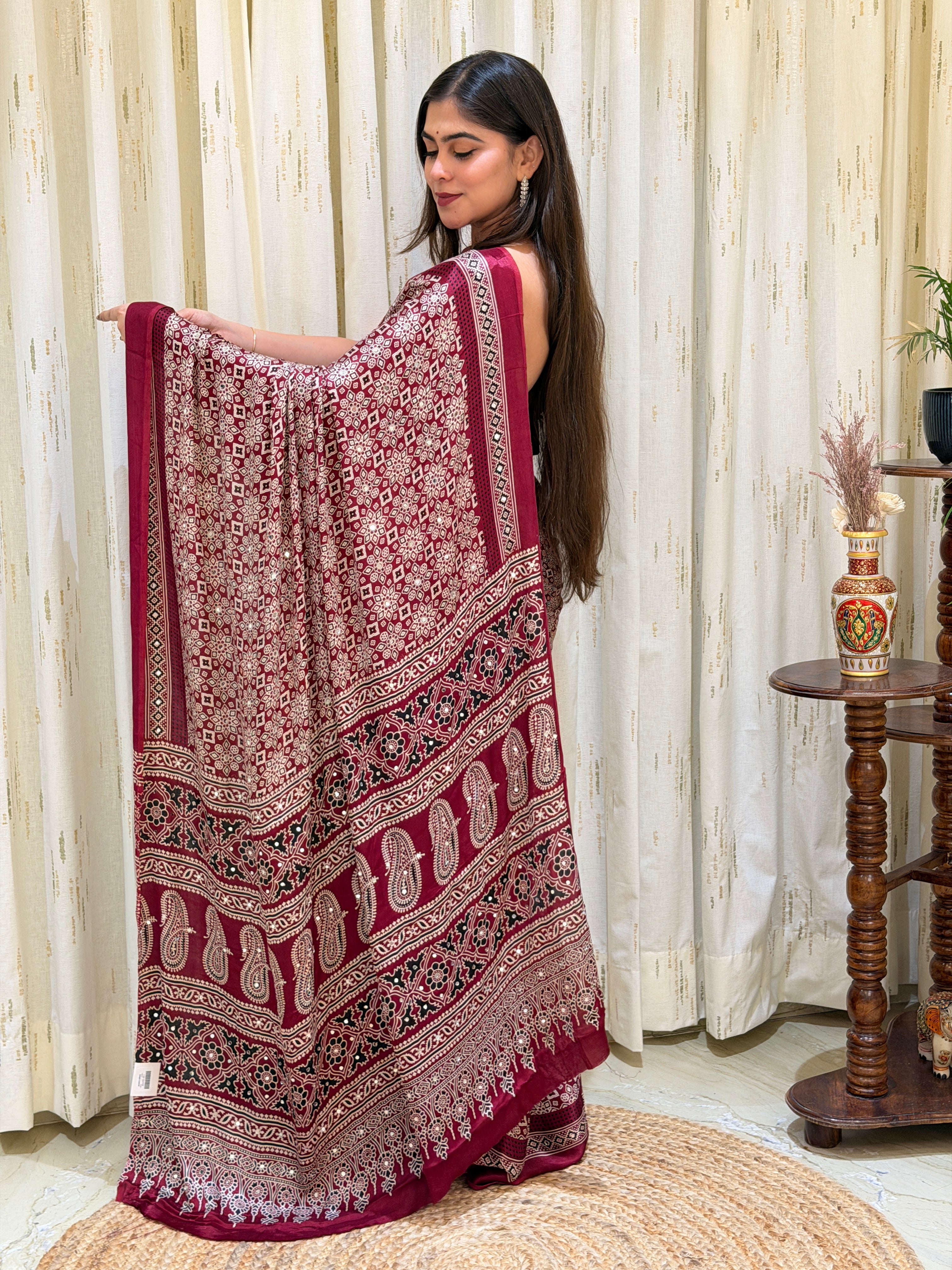 Aarini Maroon Ajrakh With Mirror Work Saree
