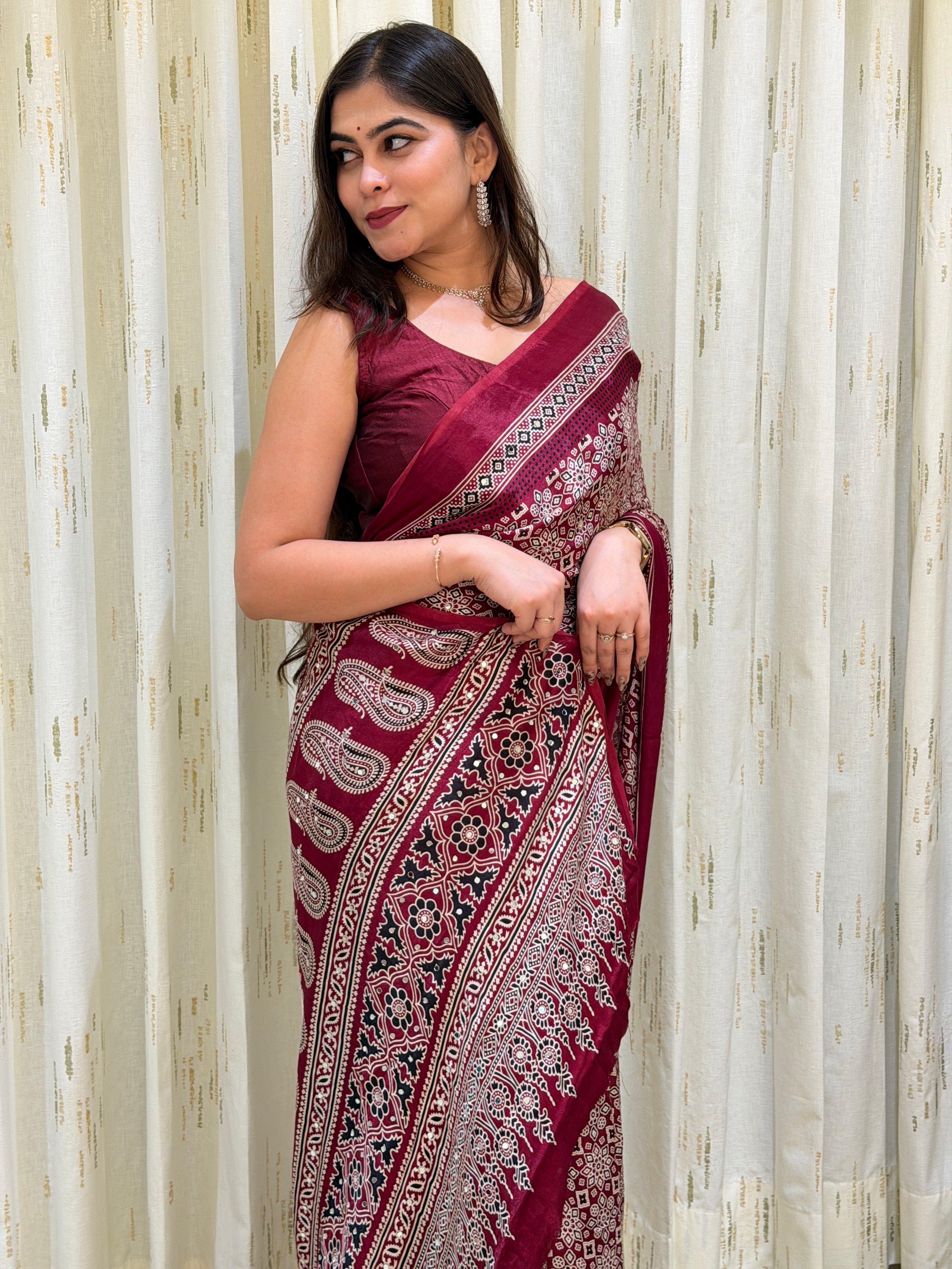 Aarini Maroon Ajrakh With Mirror Work Saree