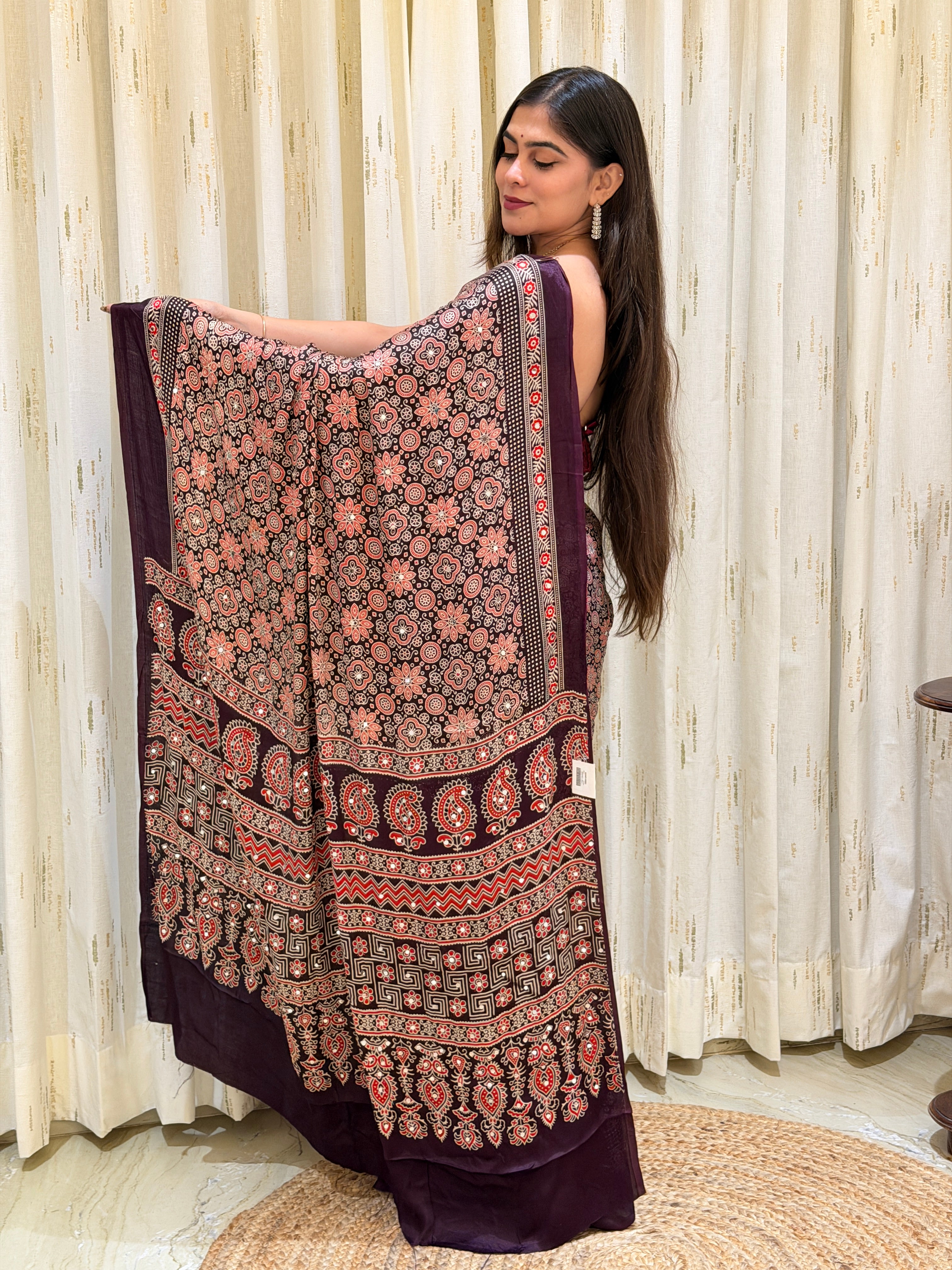 Anvika Wine Ajrakh With Mirror Work Saree