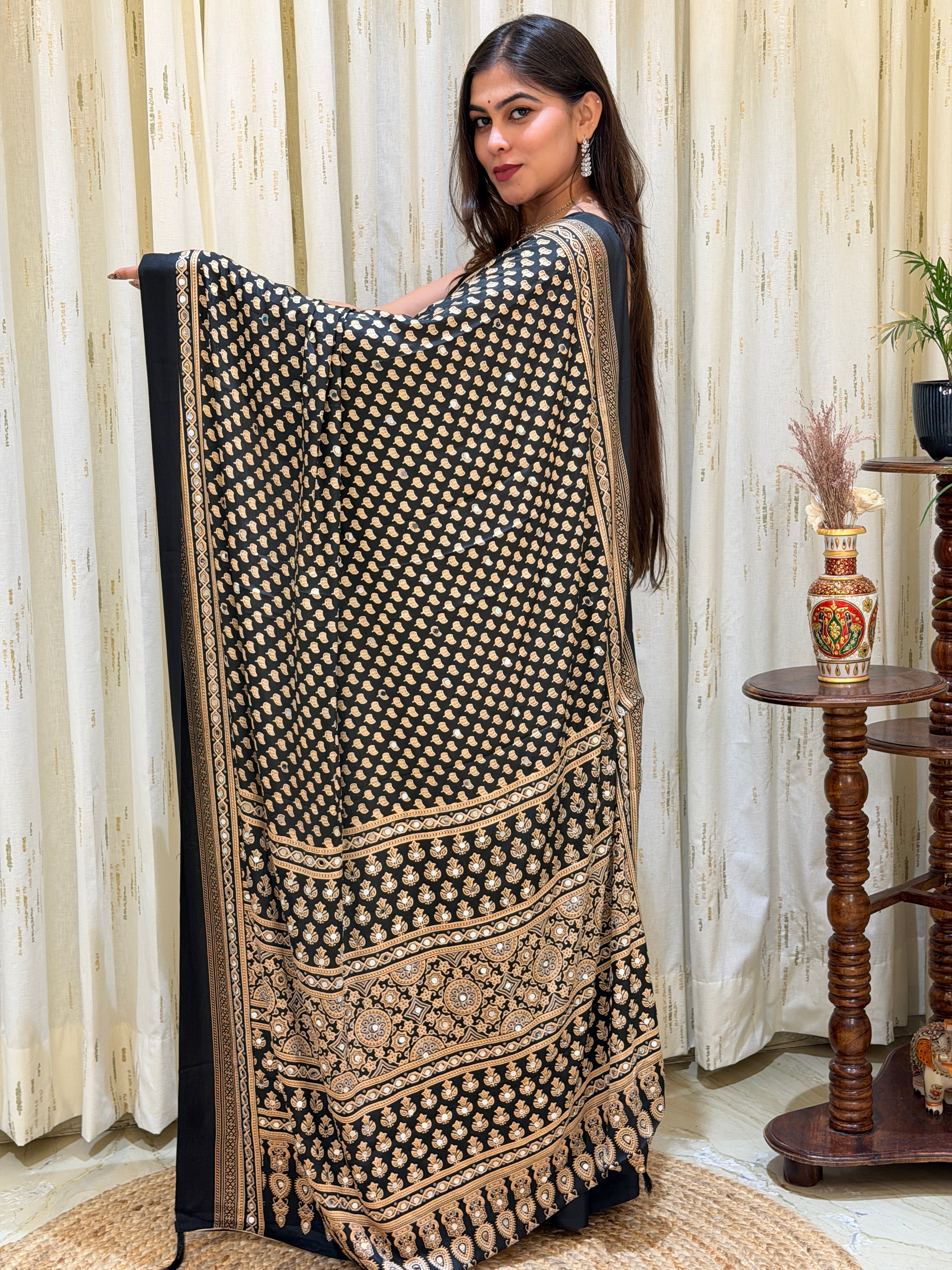 Rivanya Black Ajrakh With Mirror Work Saree