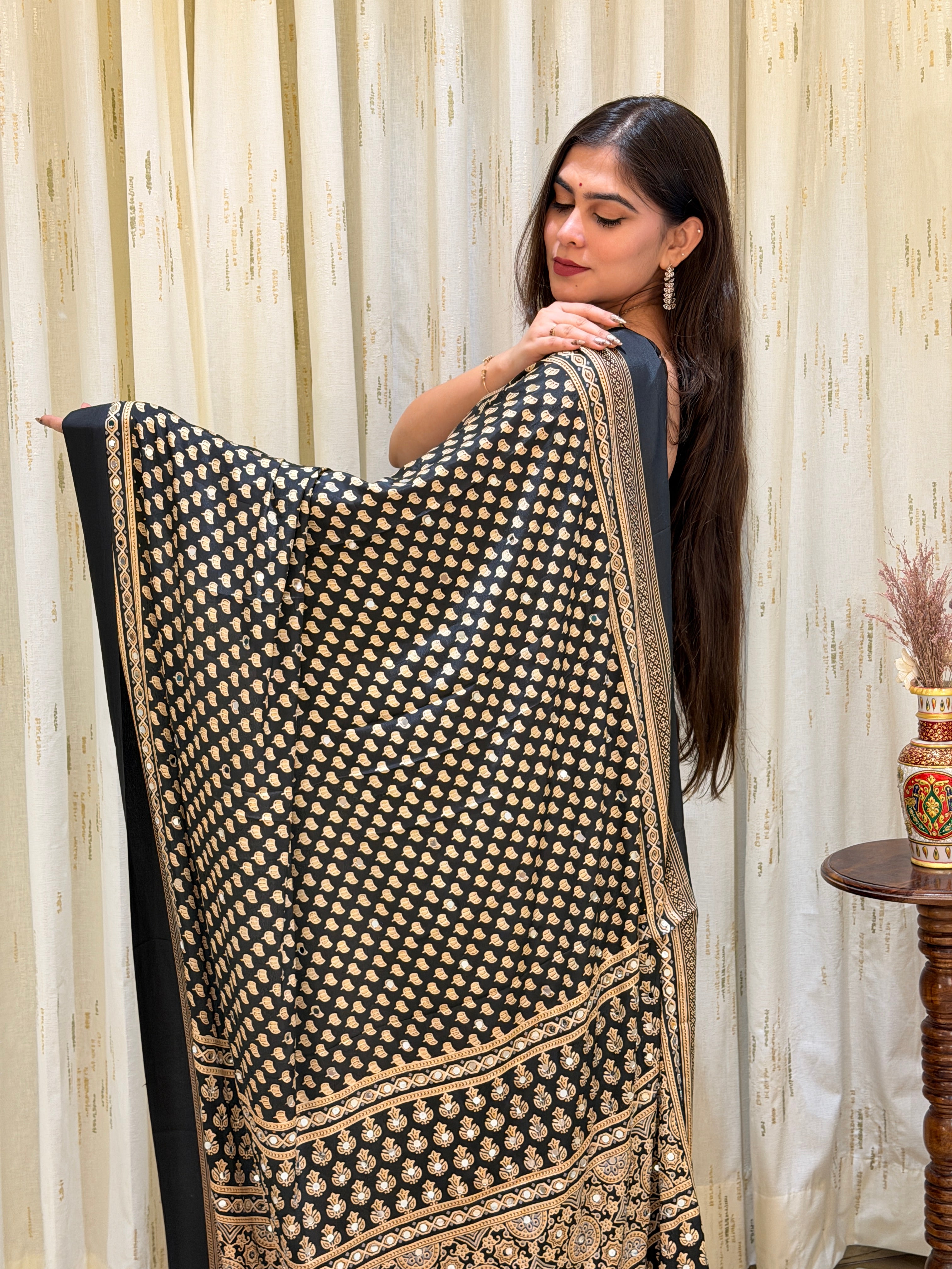 Rivanya Black Ajrakh With Mirror Work Saree