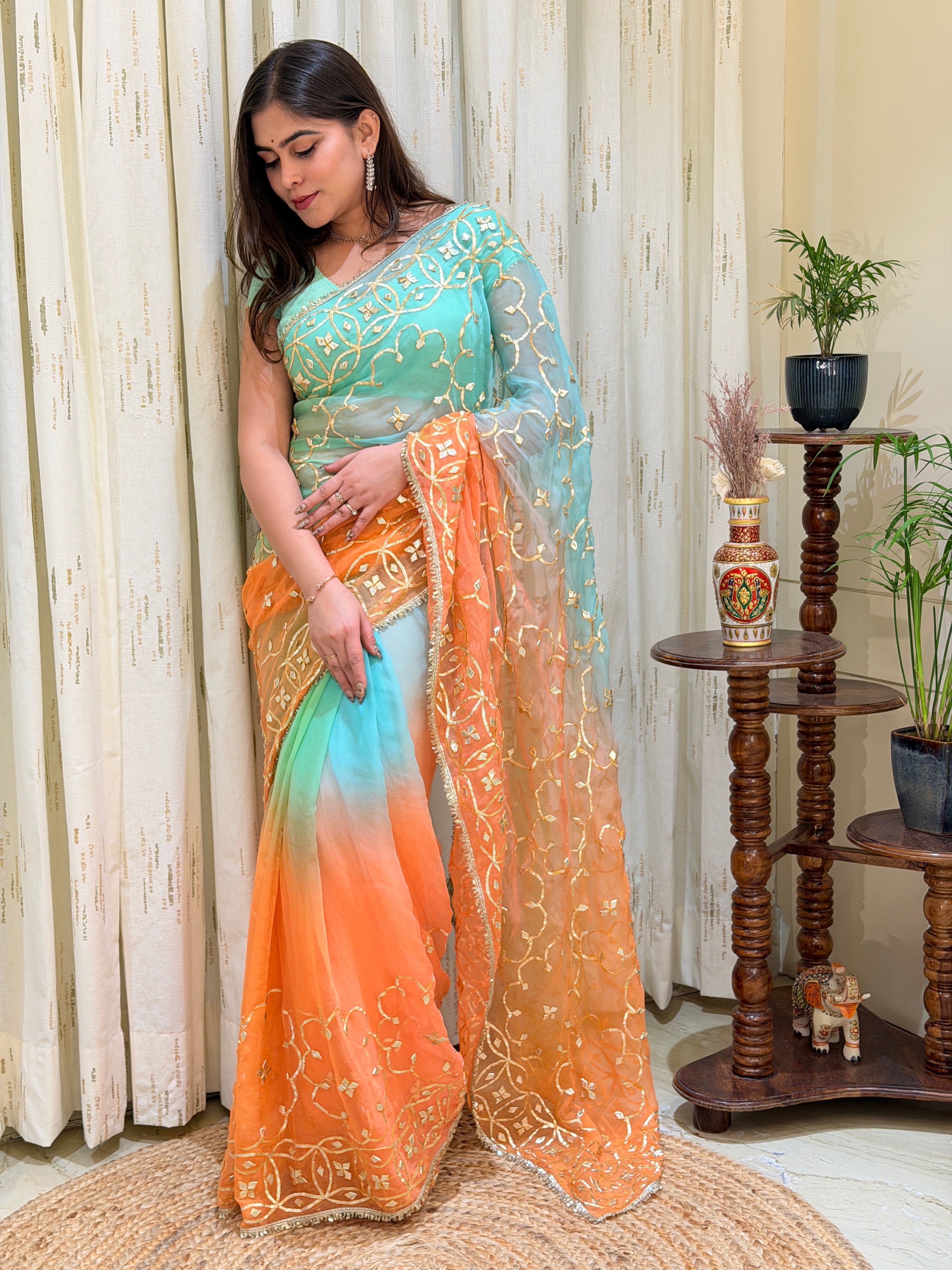 Anaya Aqua Peach With Kacha Gota Handwork Chiffon Saree