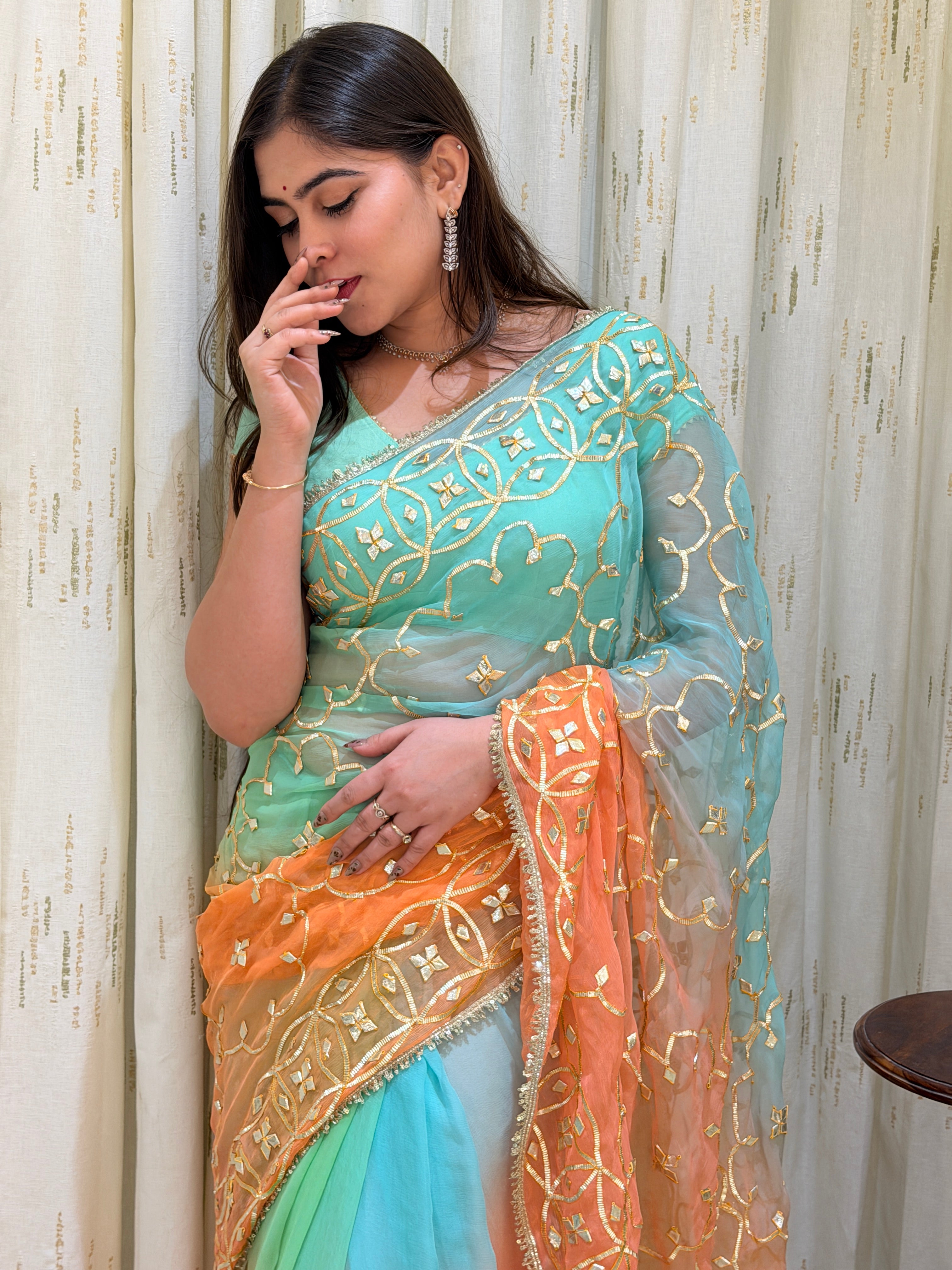 Anaya Aqua Peach With Kacha Gota Handwork Chiffon Saree