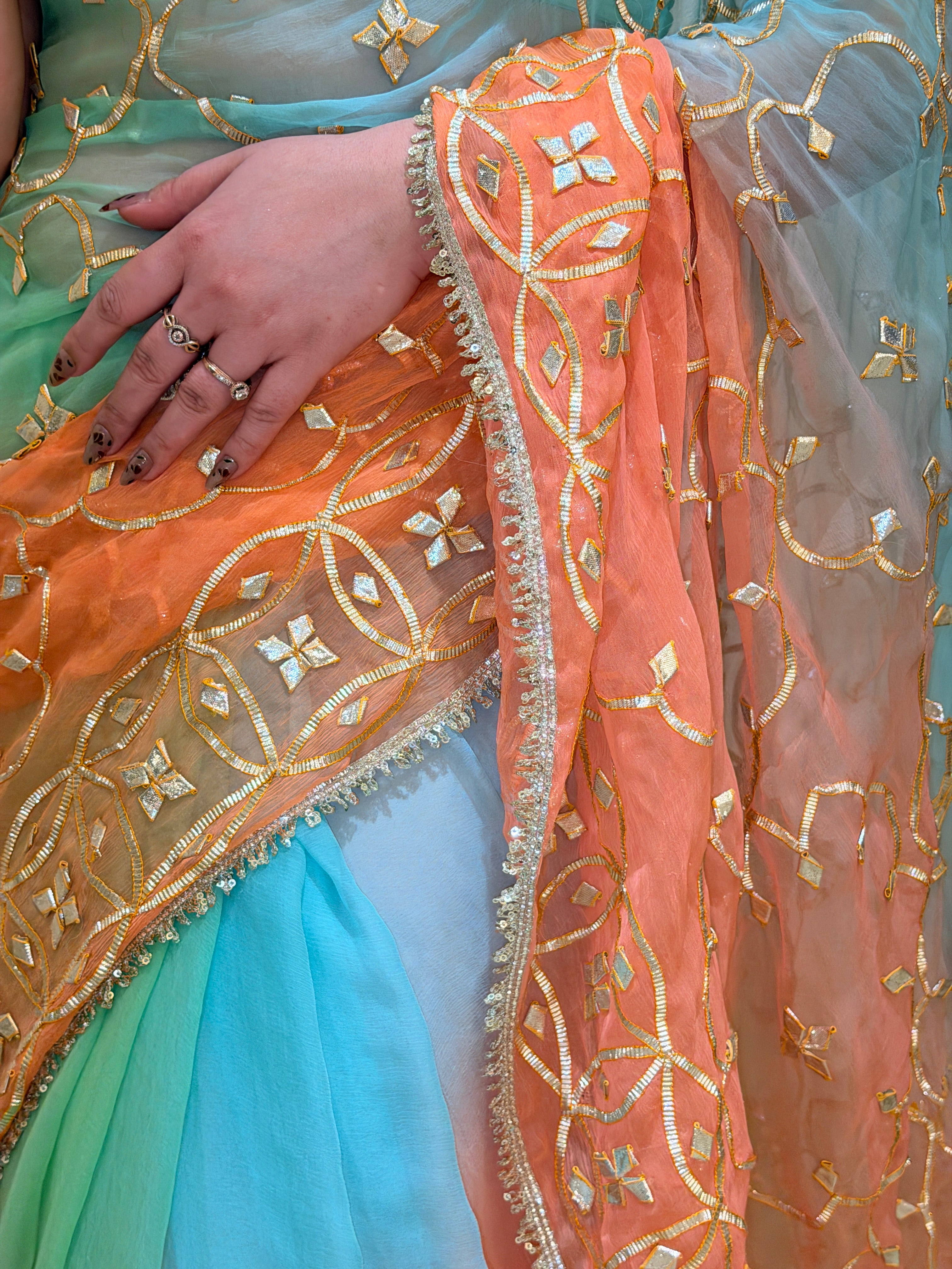 Anaya Aqua Peach With Kacha Gota Handwork Chiffon Saree
