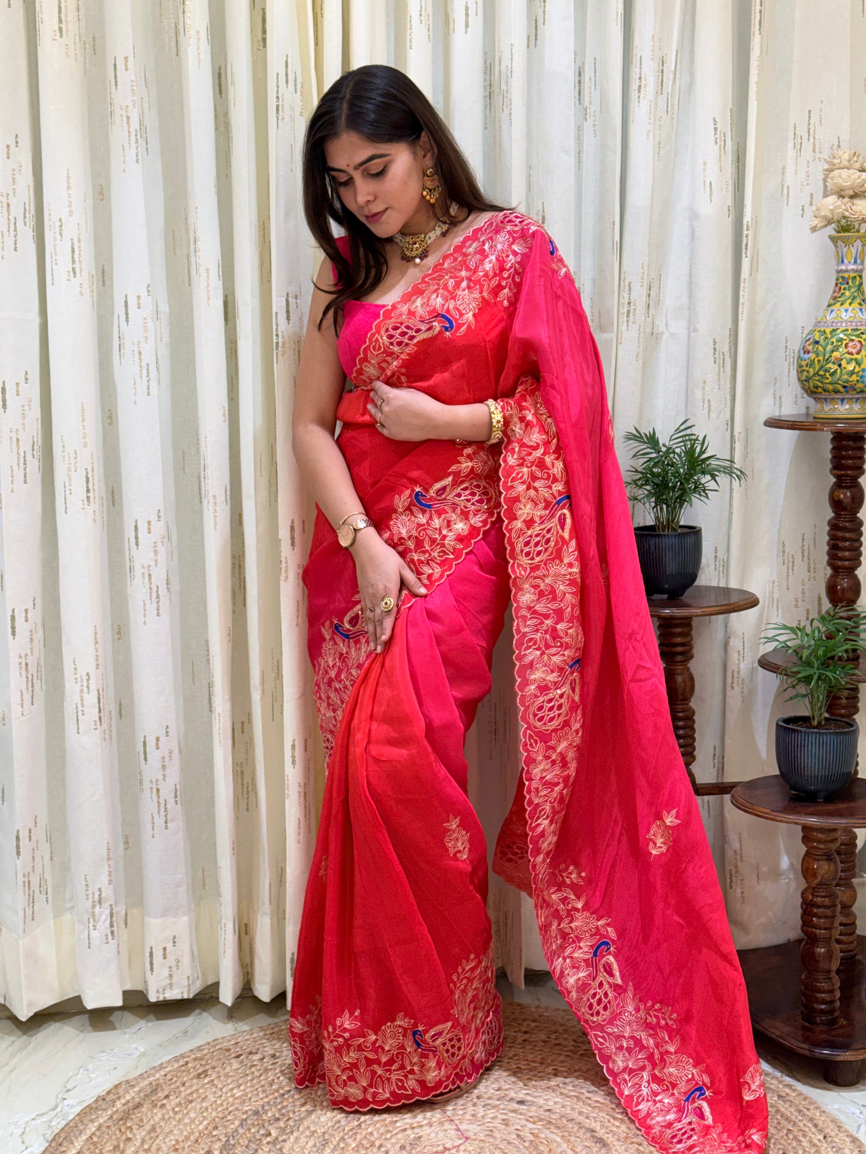 Anaya Orange Pink Aari Tari Chiffon Saree