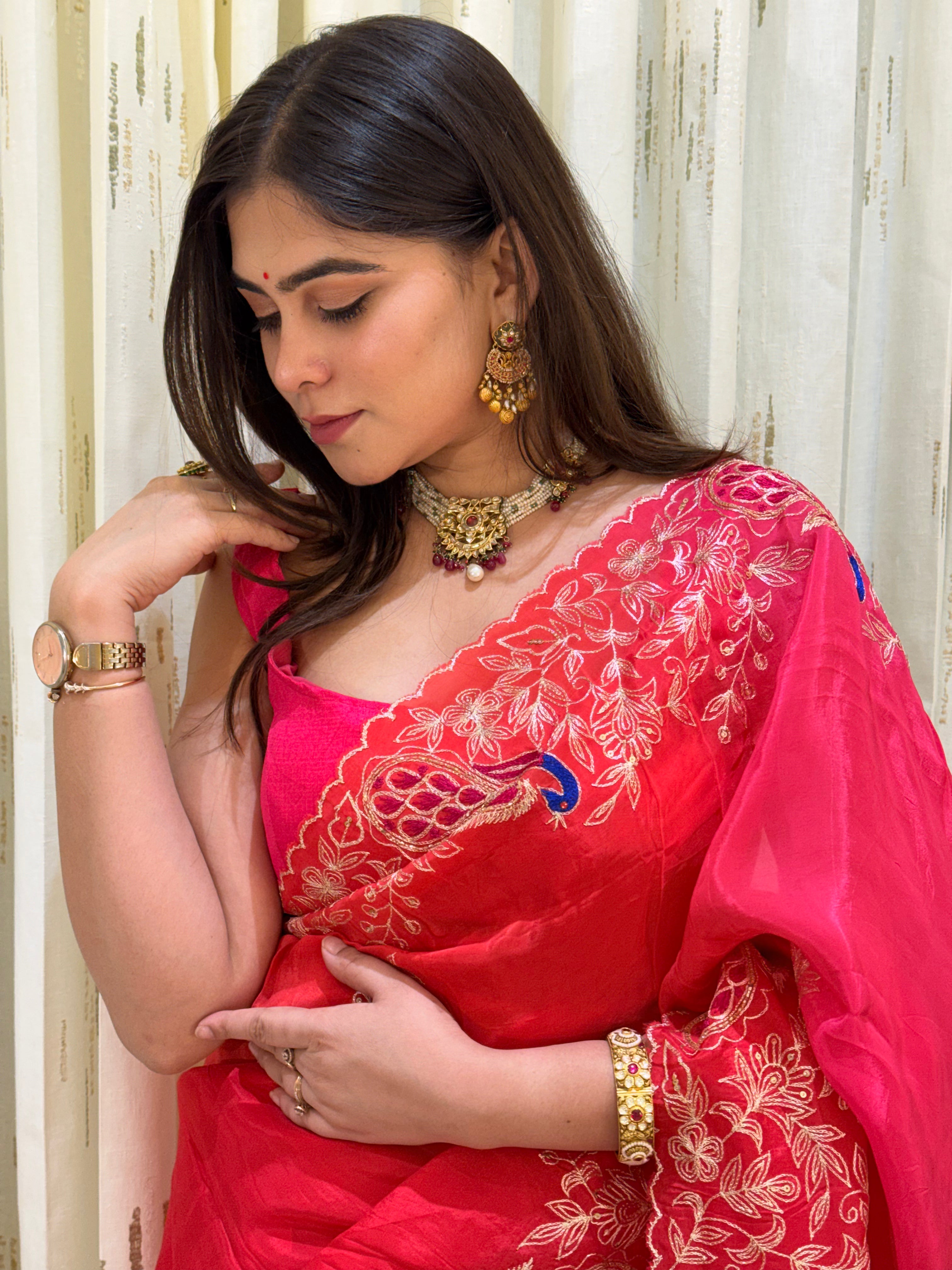Anaya Orange Pink Aari Tari Chiffon Saree