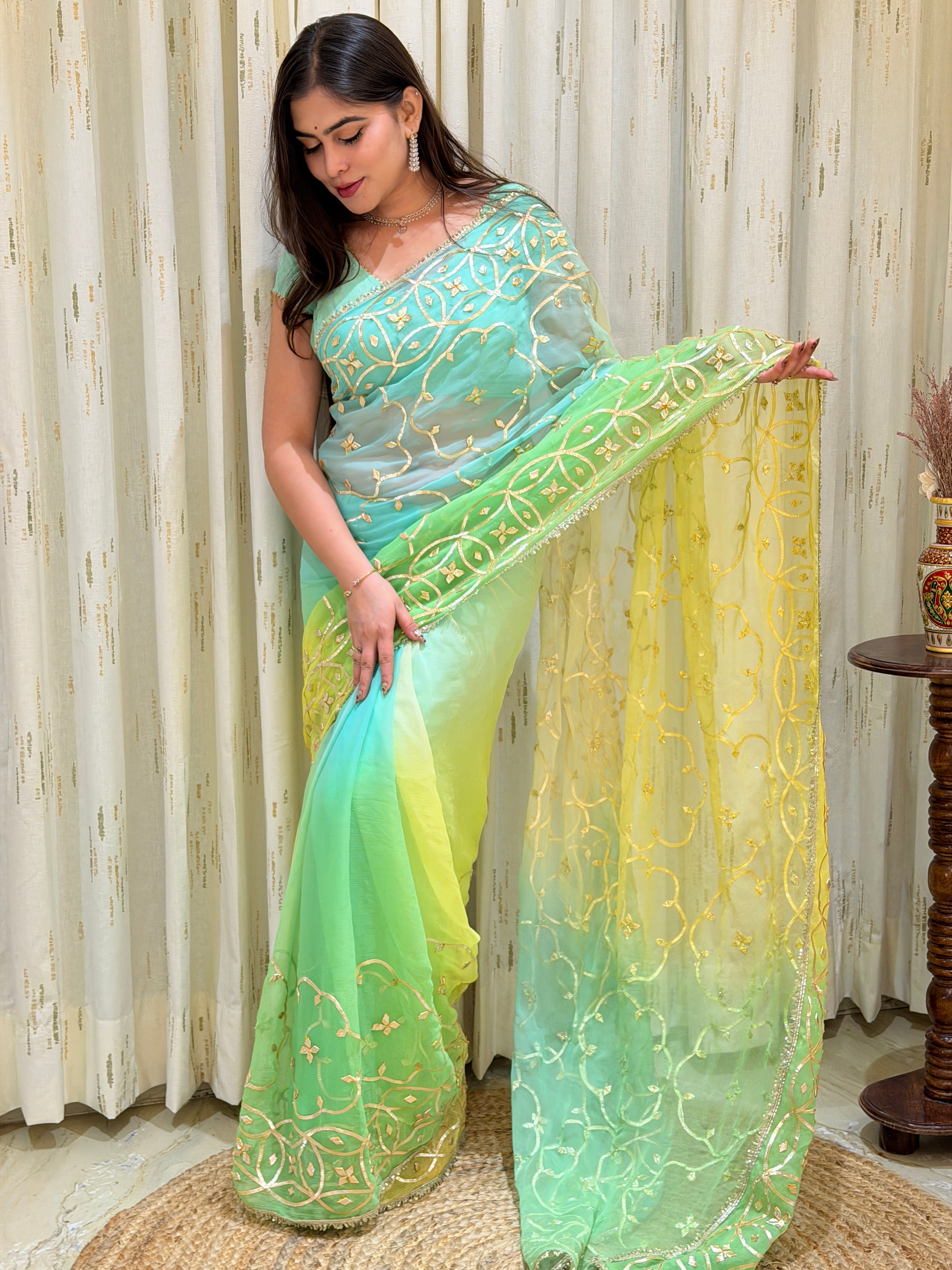 Kiara Mint Lemon With Kacha Gota Handwork Chiffon Saree