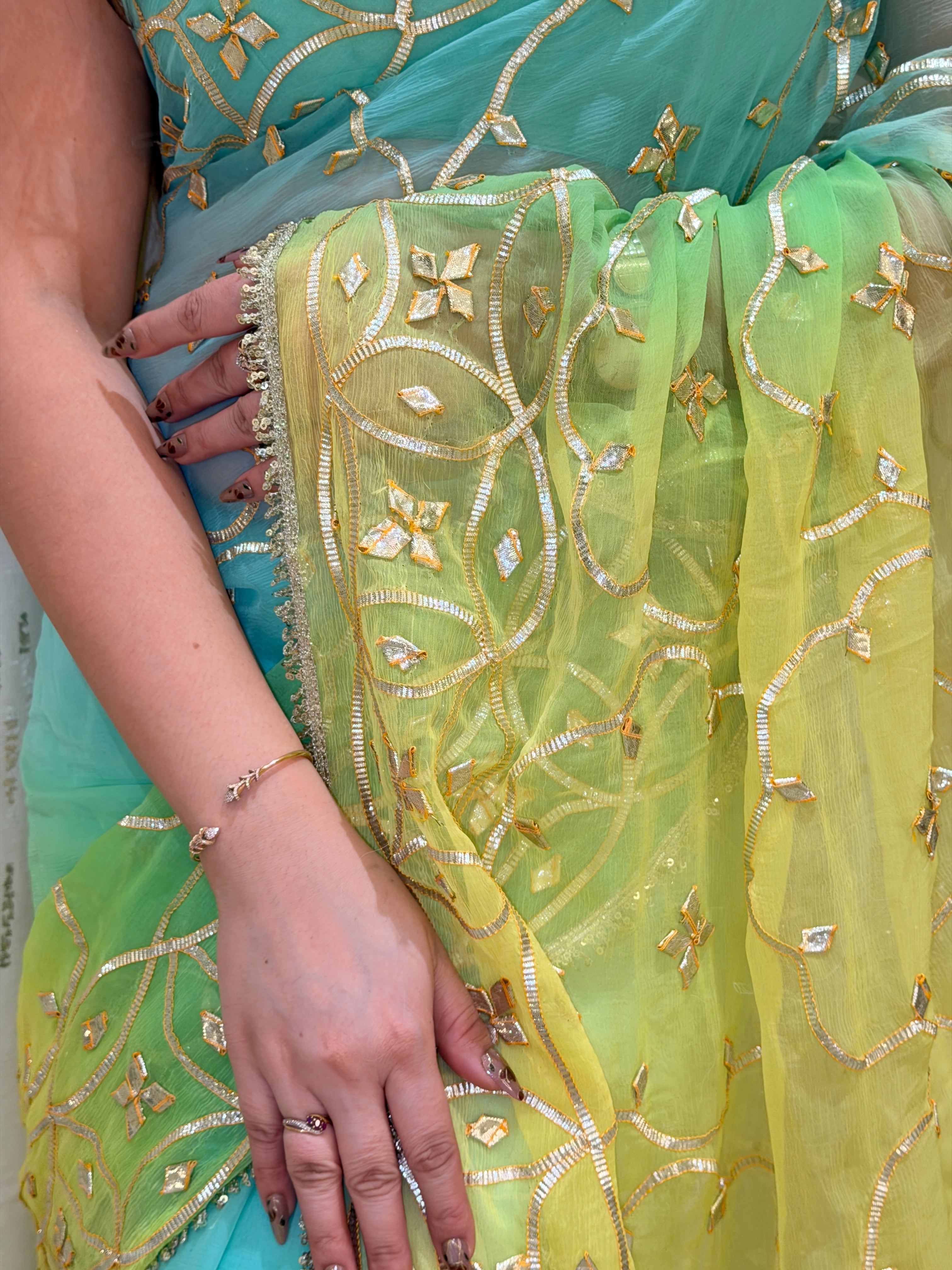 Kiara Mint Lemon With Kacha Gota Handwork Chiffon Saree