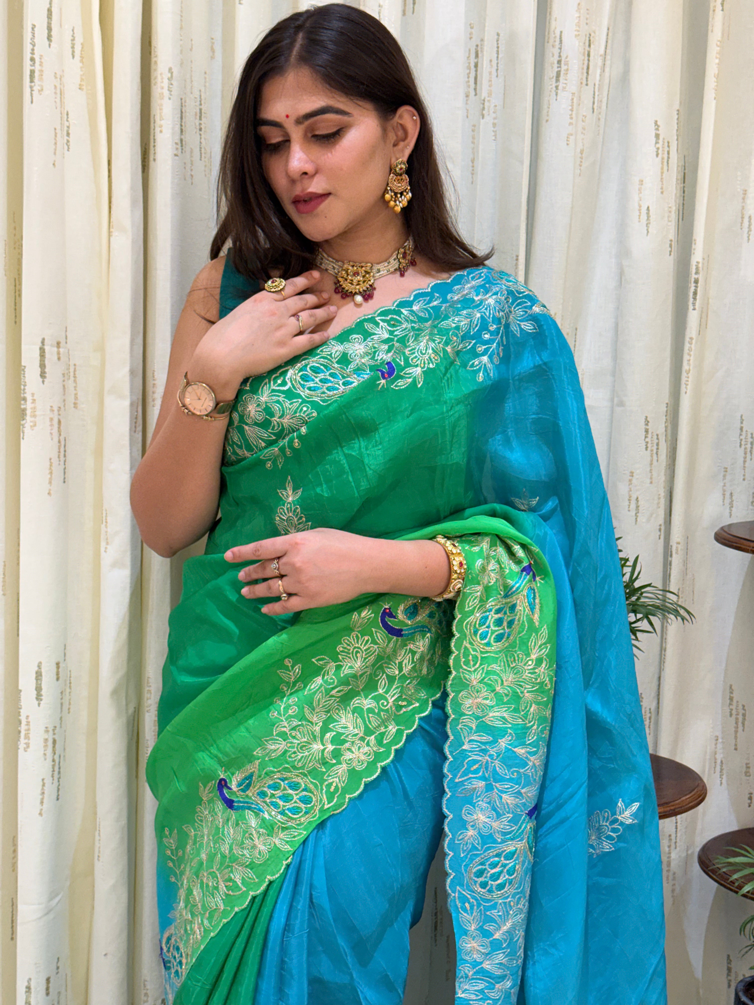 Somya Blue Green Aari Tari Chiffon Saree
