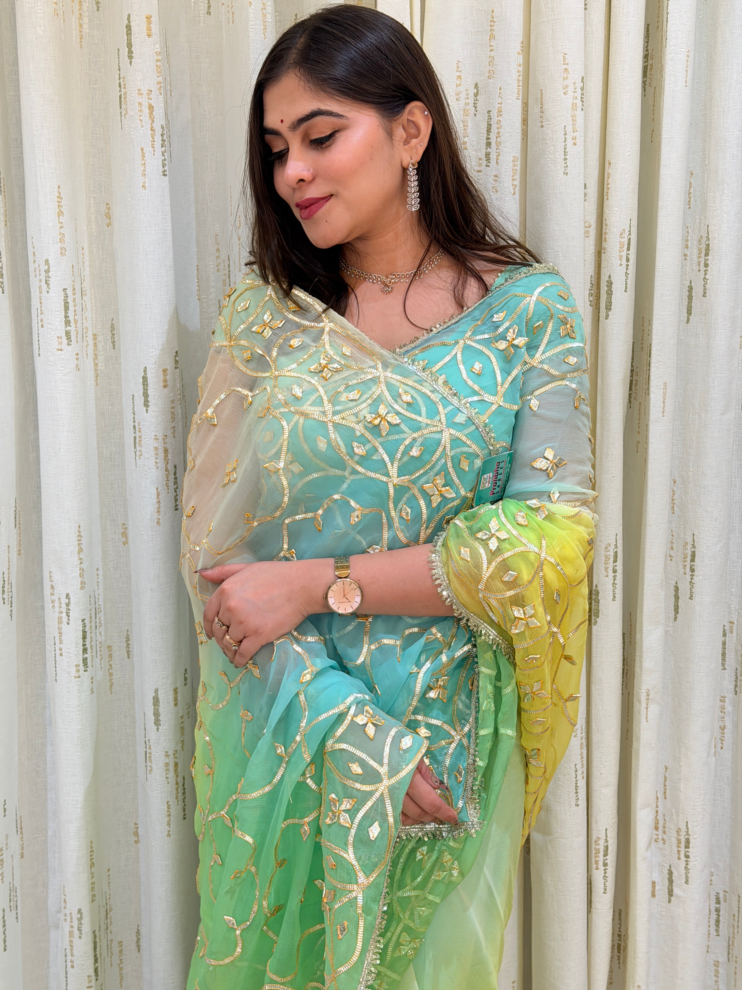 Kiara Mint Lemon With Kacha Gota Handwork Chiffon Saree