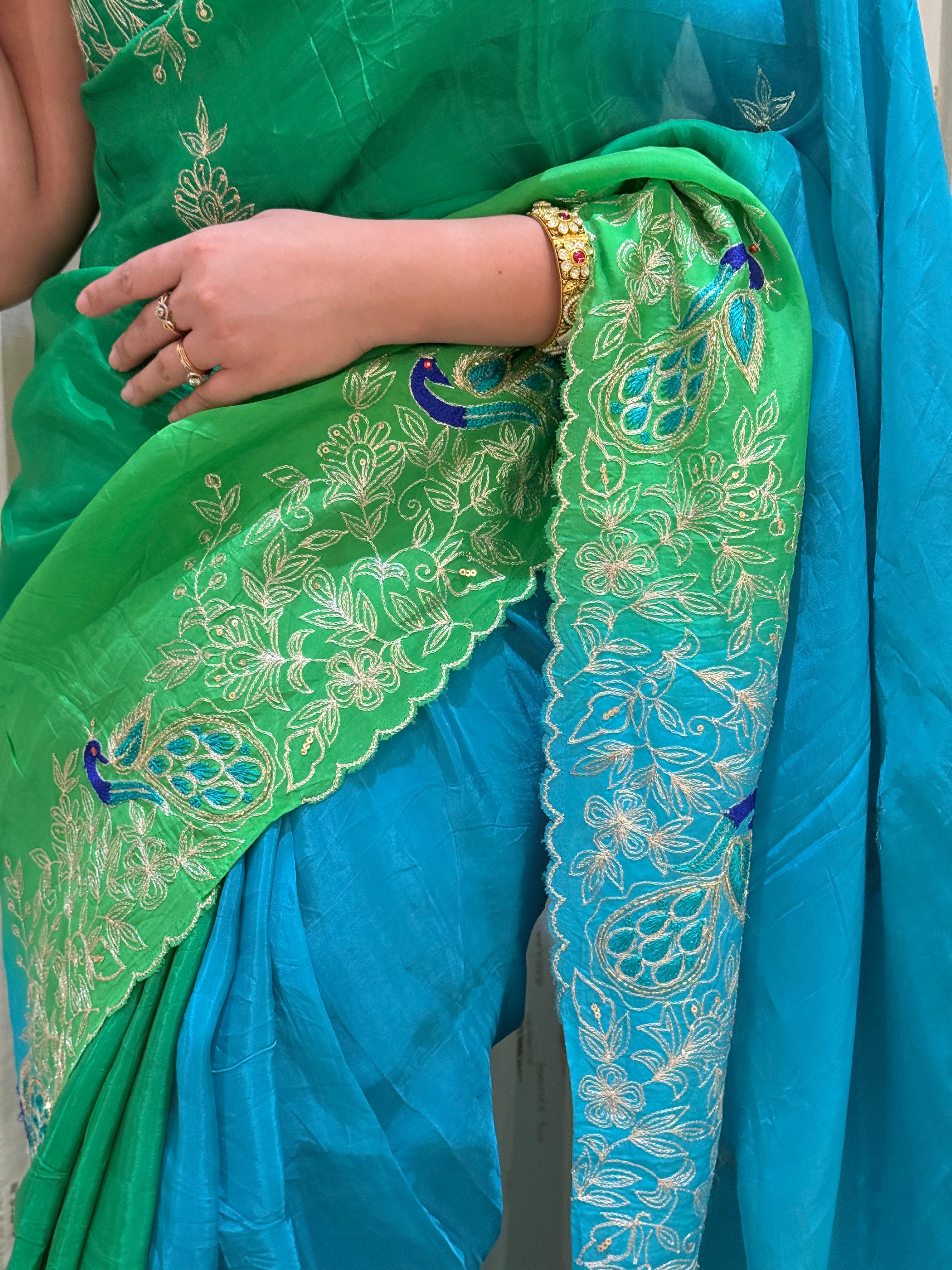 Somya Blue Green Aari Tari Chiffon Saree