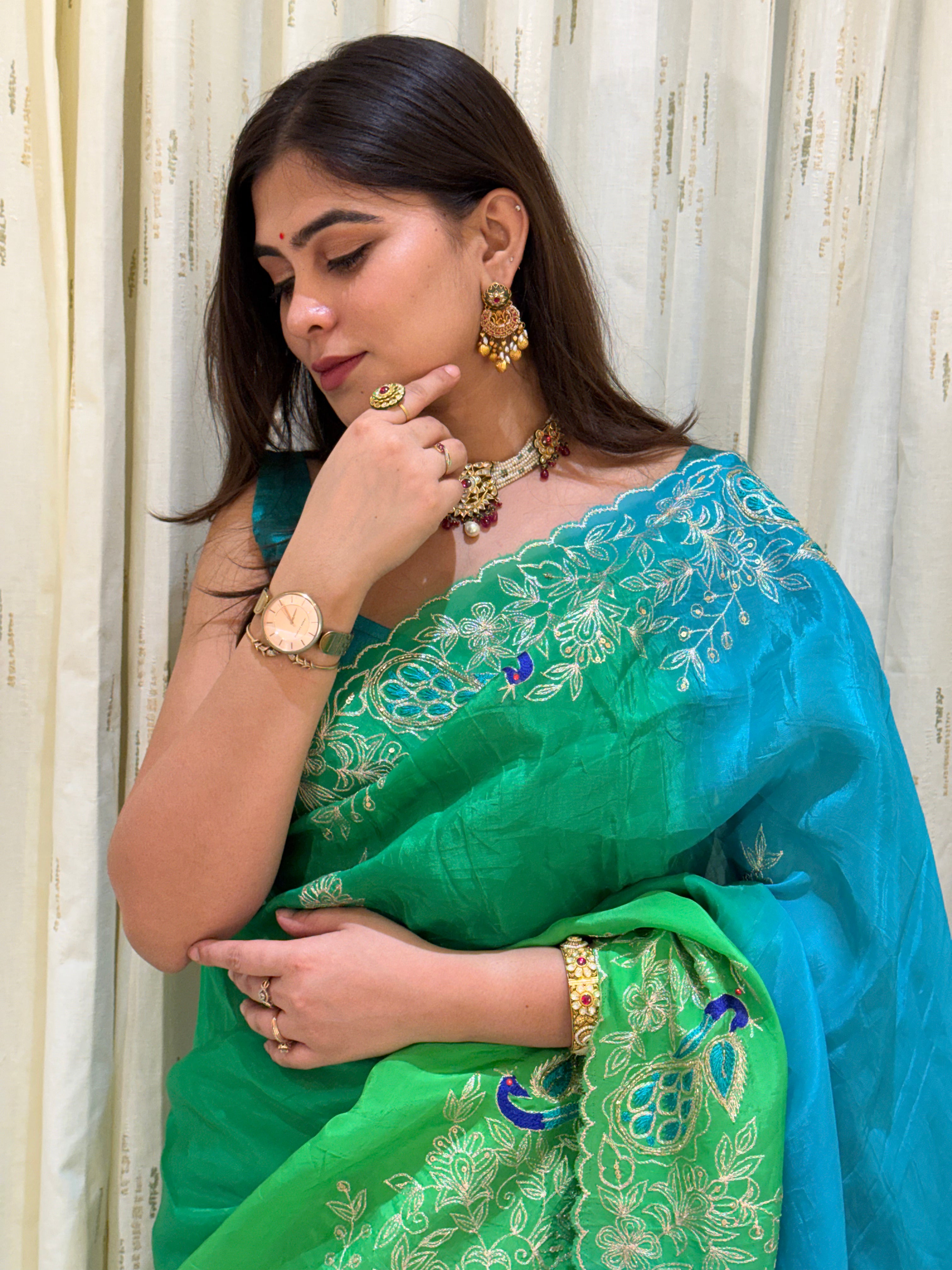 Somya Blue Green Aari Tari Chiffon Saree