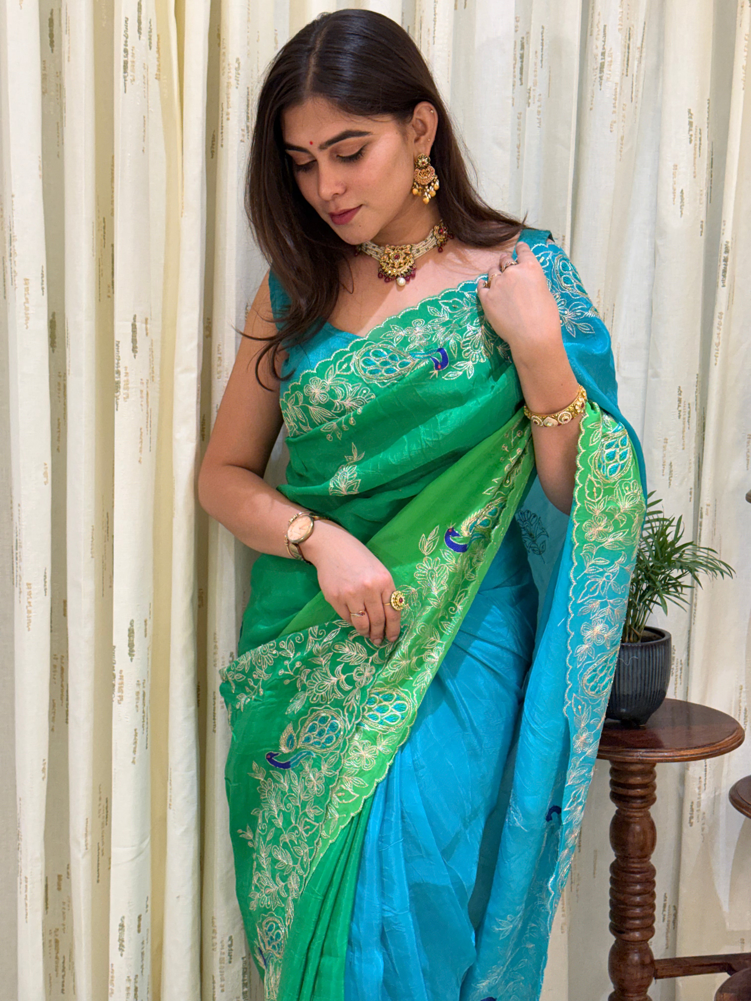 Somya Blue Green Aari Tari Chiffon Saree