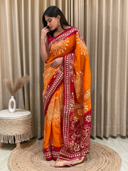 Ishani Red Orange Bandhani Silk Saree