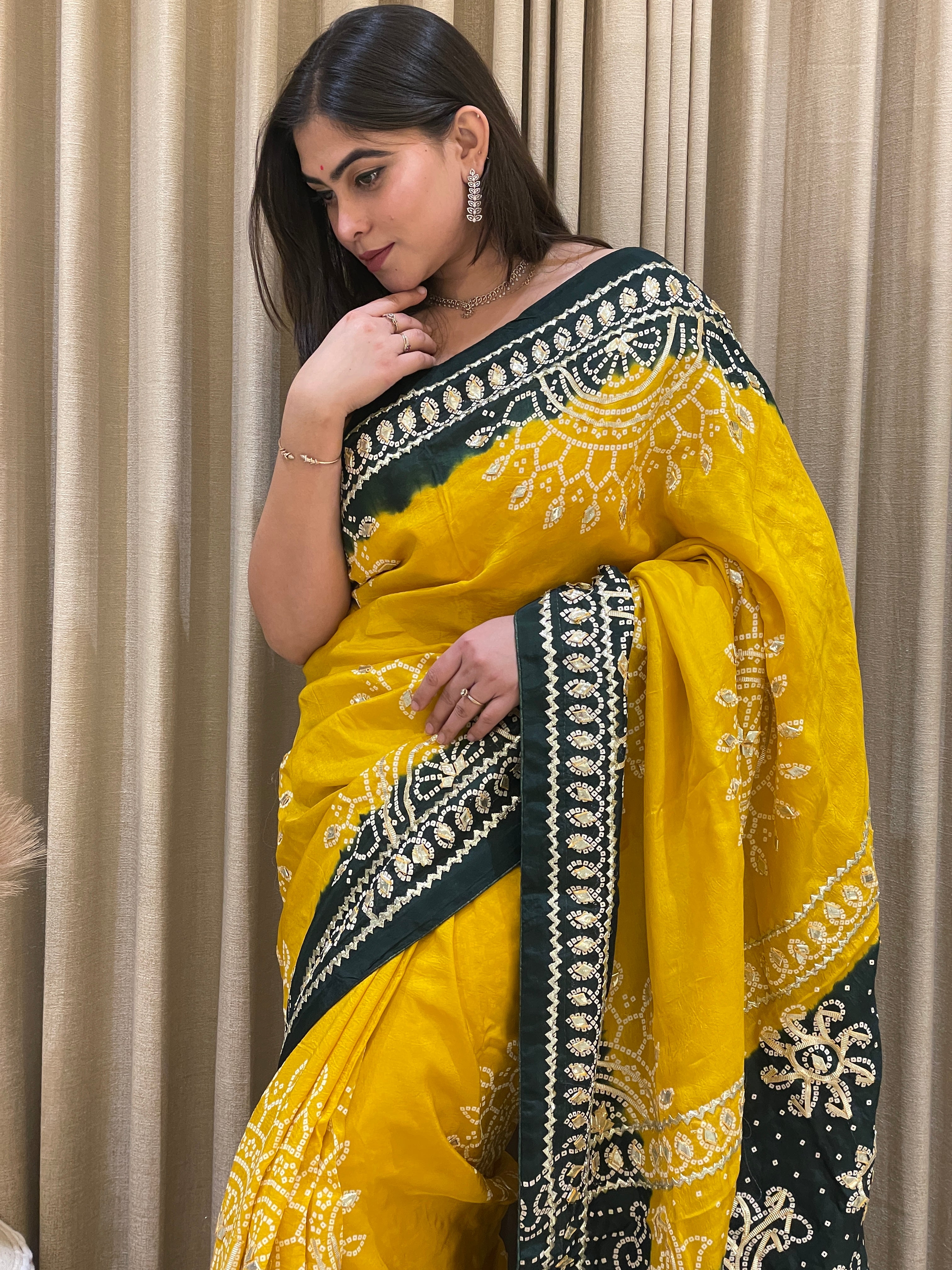 Gauri Green Yellow Bandhani Silk Saree