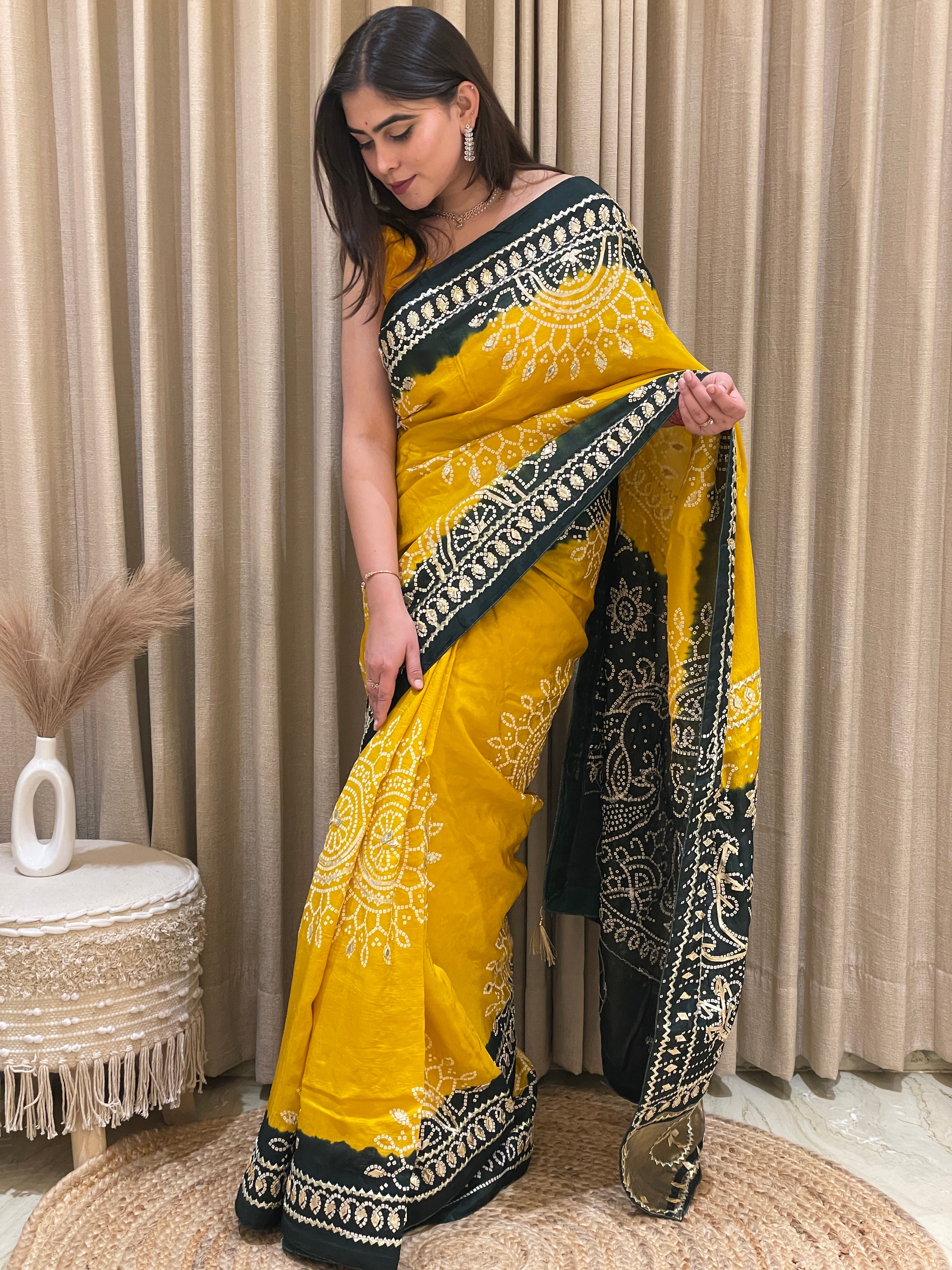 Gauri Green Yellow Bandhani Silk Saree