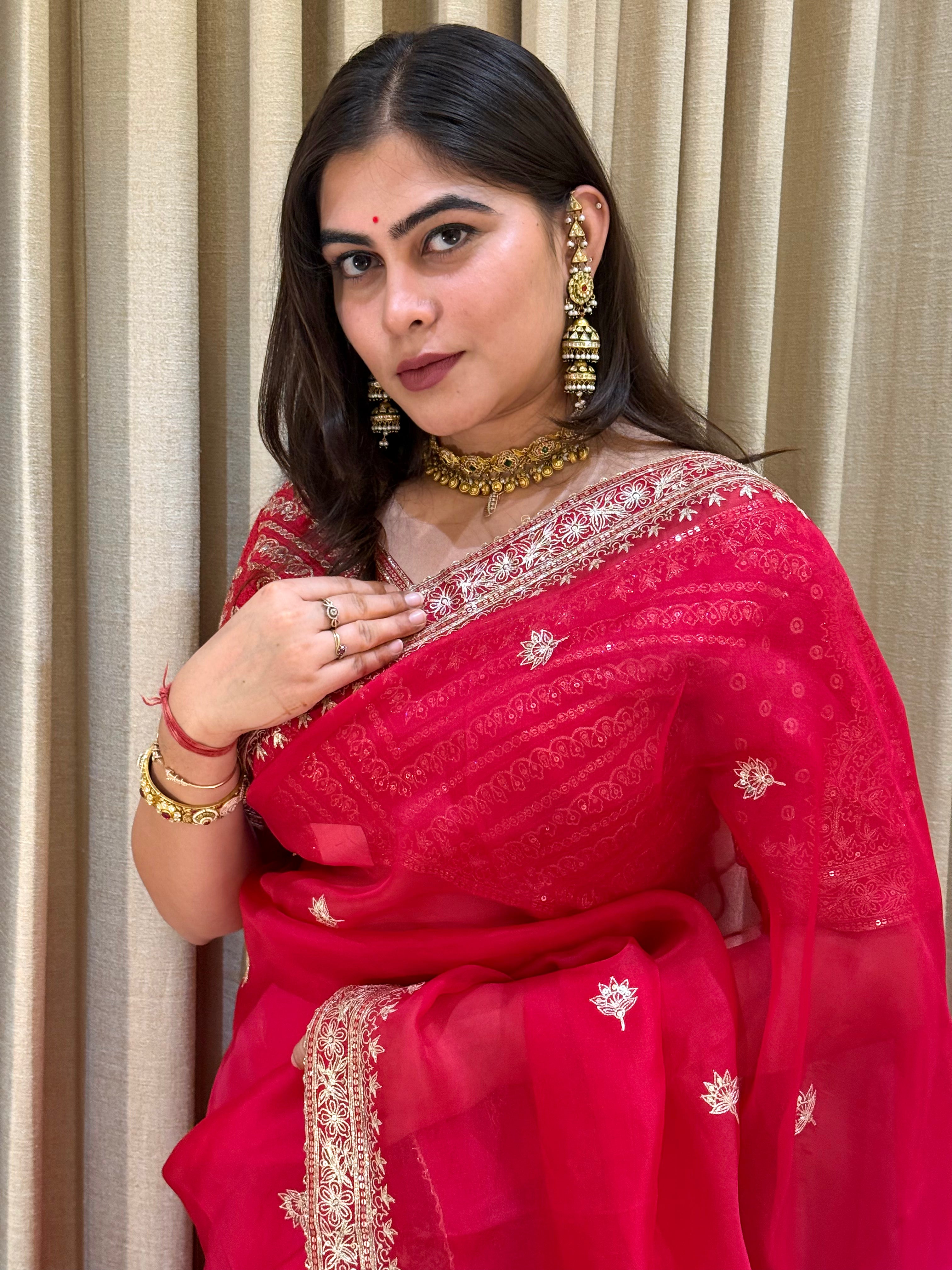 Nitya Red & Pink Shade Organza Saree